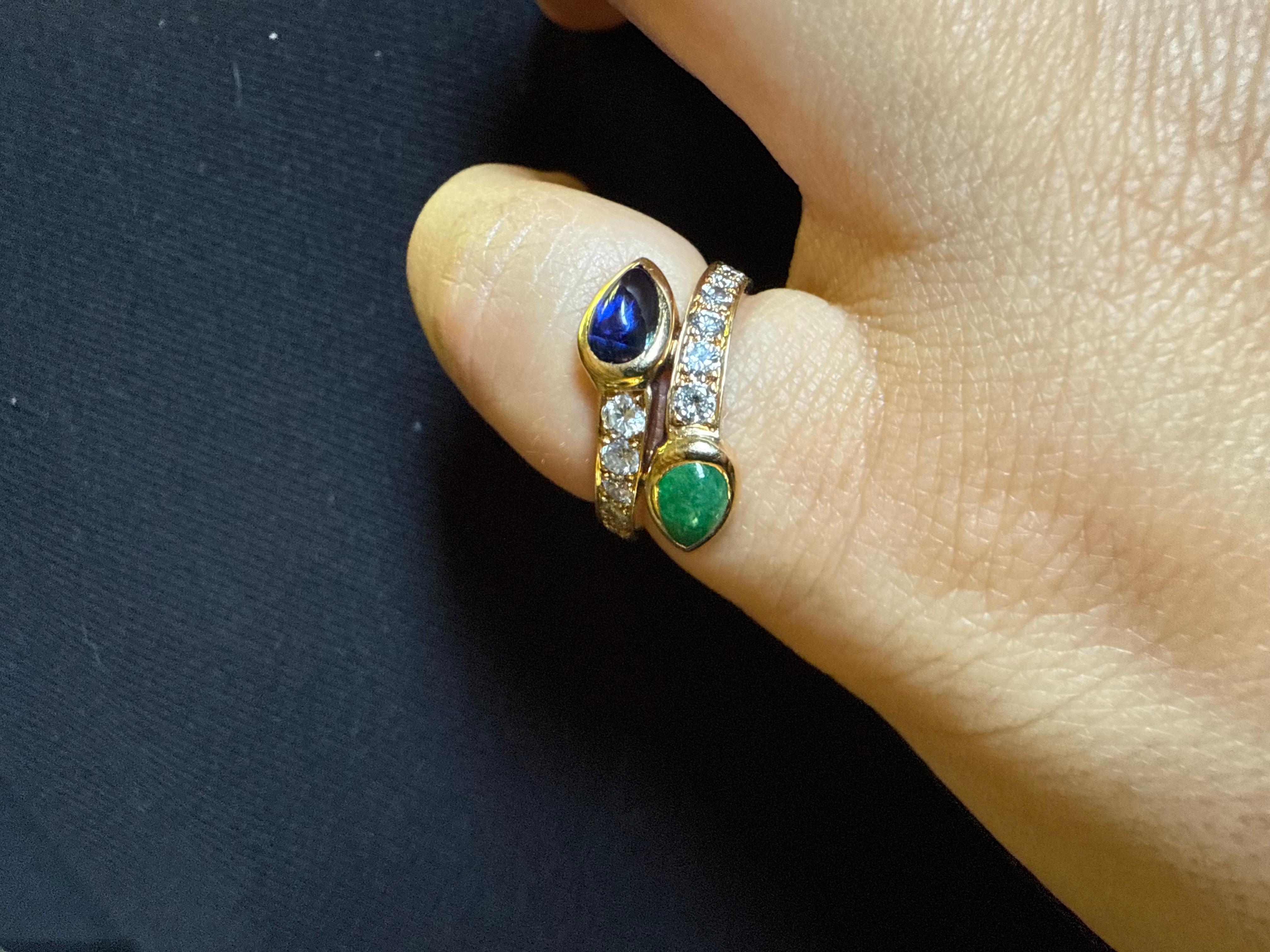 Women's or Men's CARTIER PARIS 18k Yellow Gold, Cabochon Emerald & Sapphire & Diamond Bypass Ring