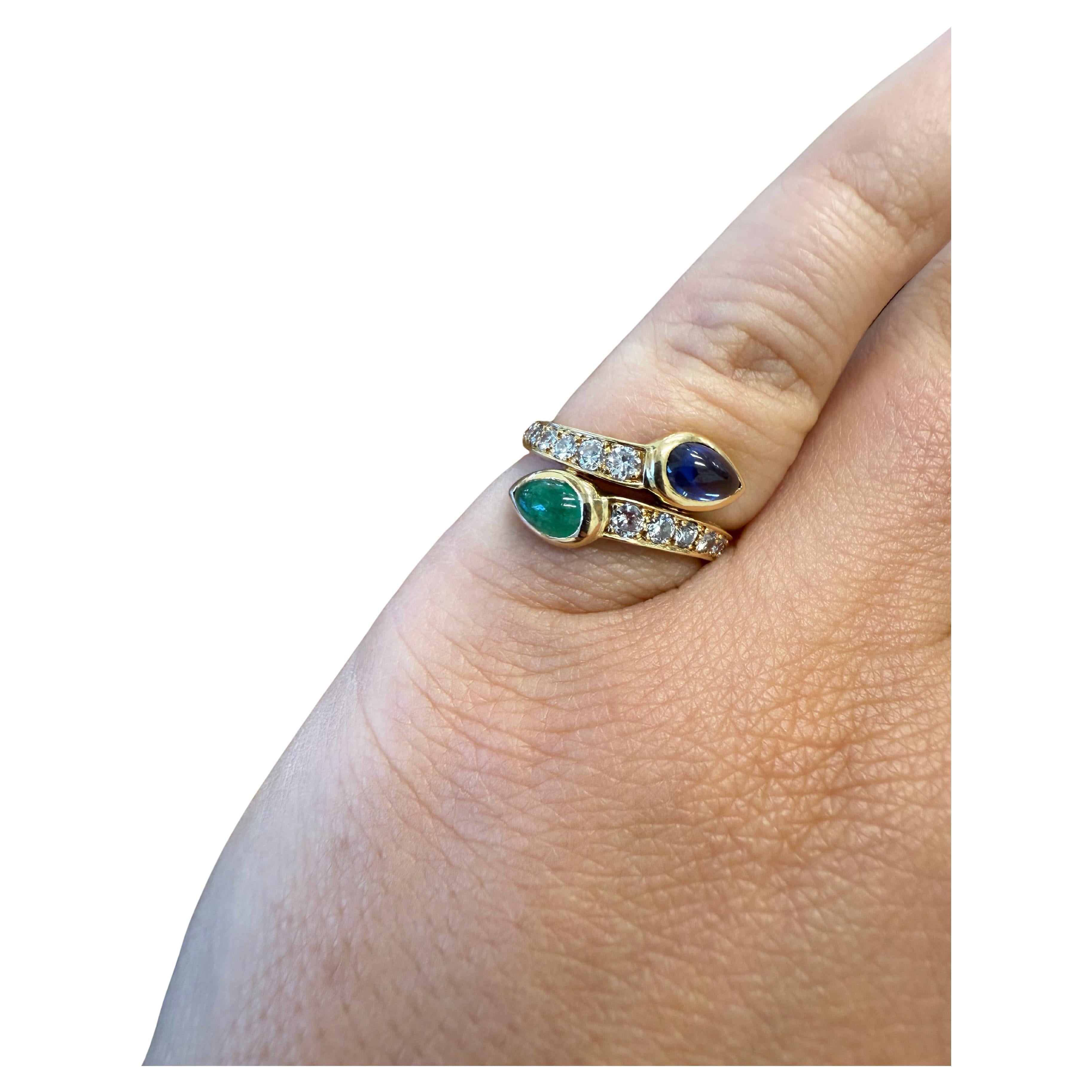 CARTIER PARIS 18k Yellow Gold, Cabochon Emerald & Sapphire & Diamond Bypass Ring