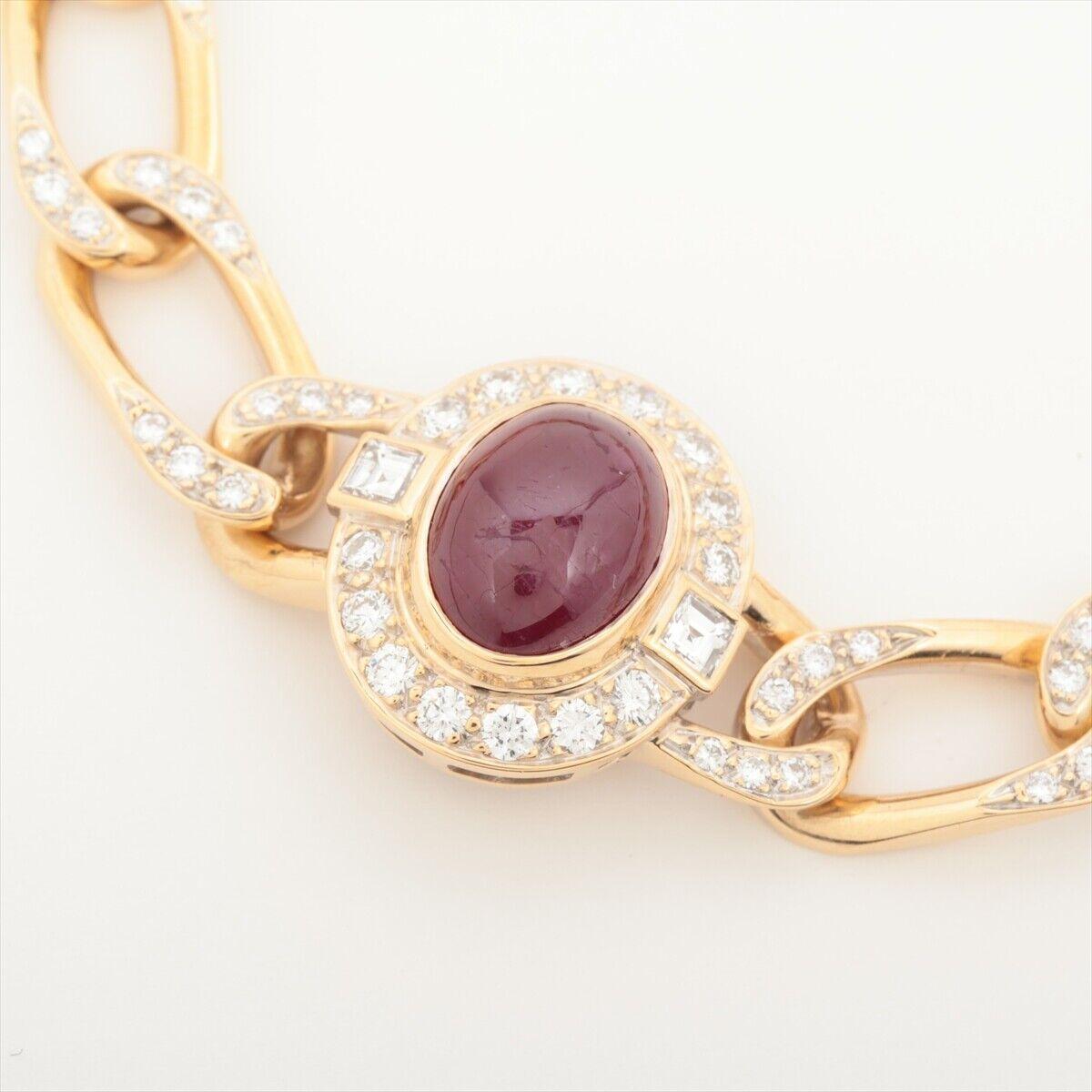 Round Cut Cartier Paris 18k Yellow Gold, Diamond & Cabochon Ruby Figaro Link Bracelet 1980
