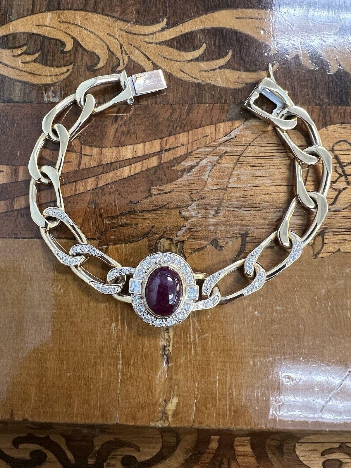 Cartier Paris 18k Yellow Gold, Diamond & Cabochon Ruby Figaro Link Bracelet 1980 4