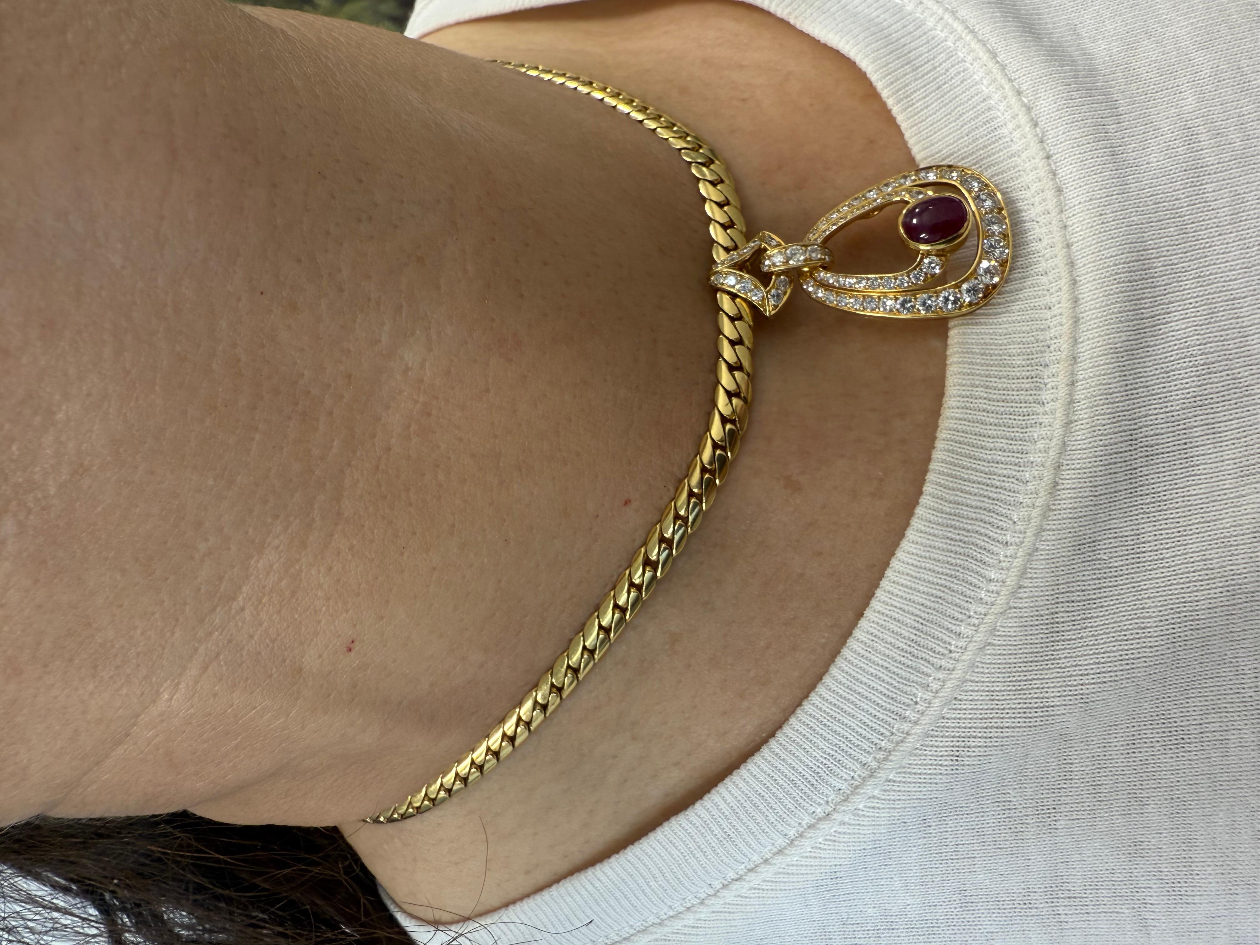 CARTIER PARIS 18k Yellow Gold, Diamond & Cabochon Ruby Necklace 1980s Vintage For Sale 6