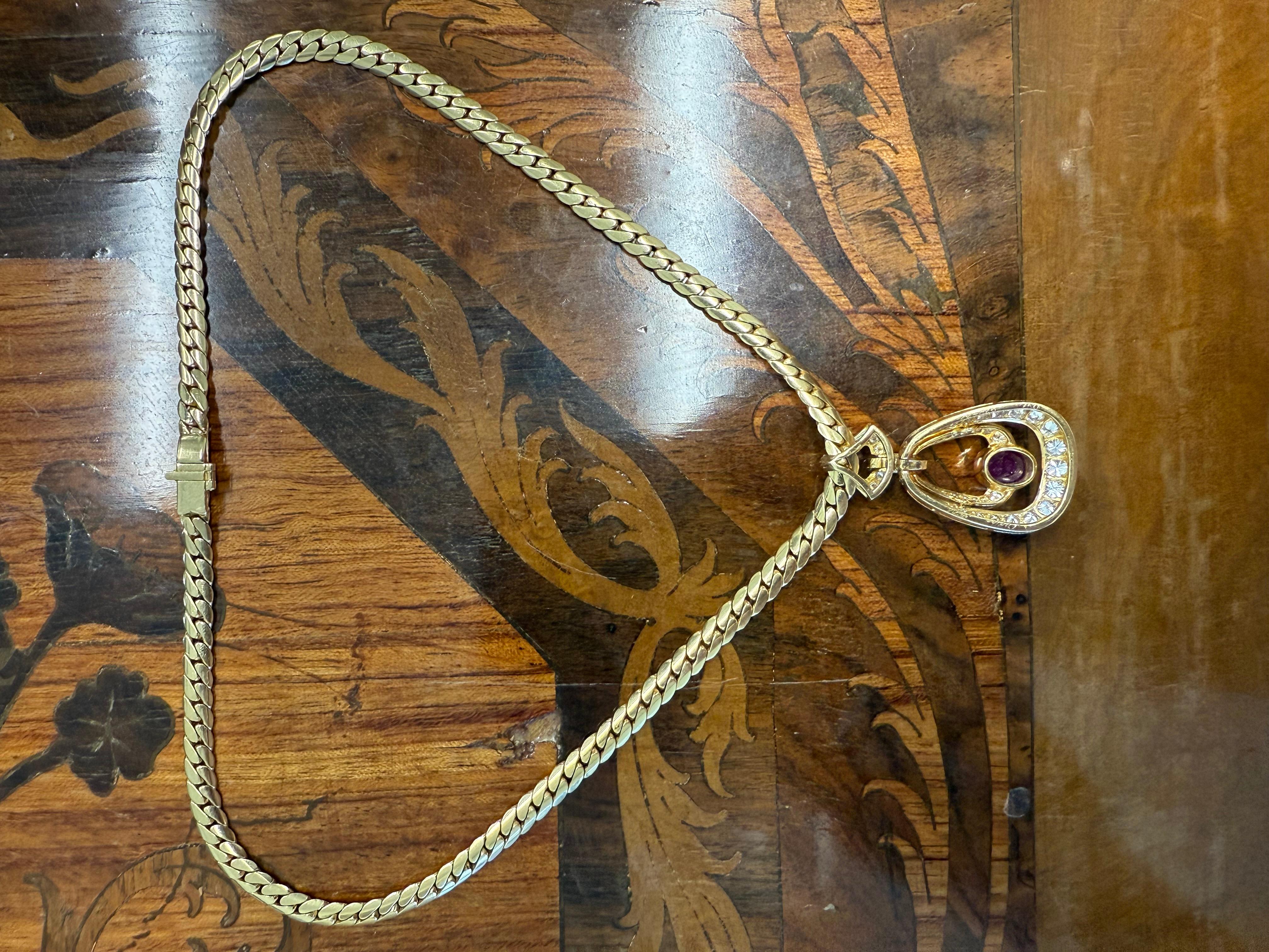 Women's or Men's CARTIER PARIS 18k Yellow Gold, Diamond & Cabochon Ruby Necklace 1980s Vintage For Sale
