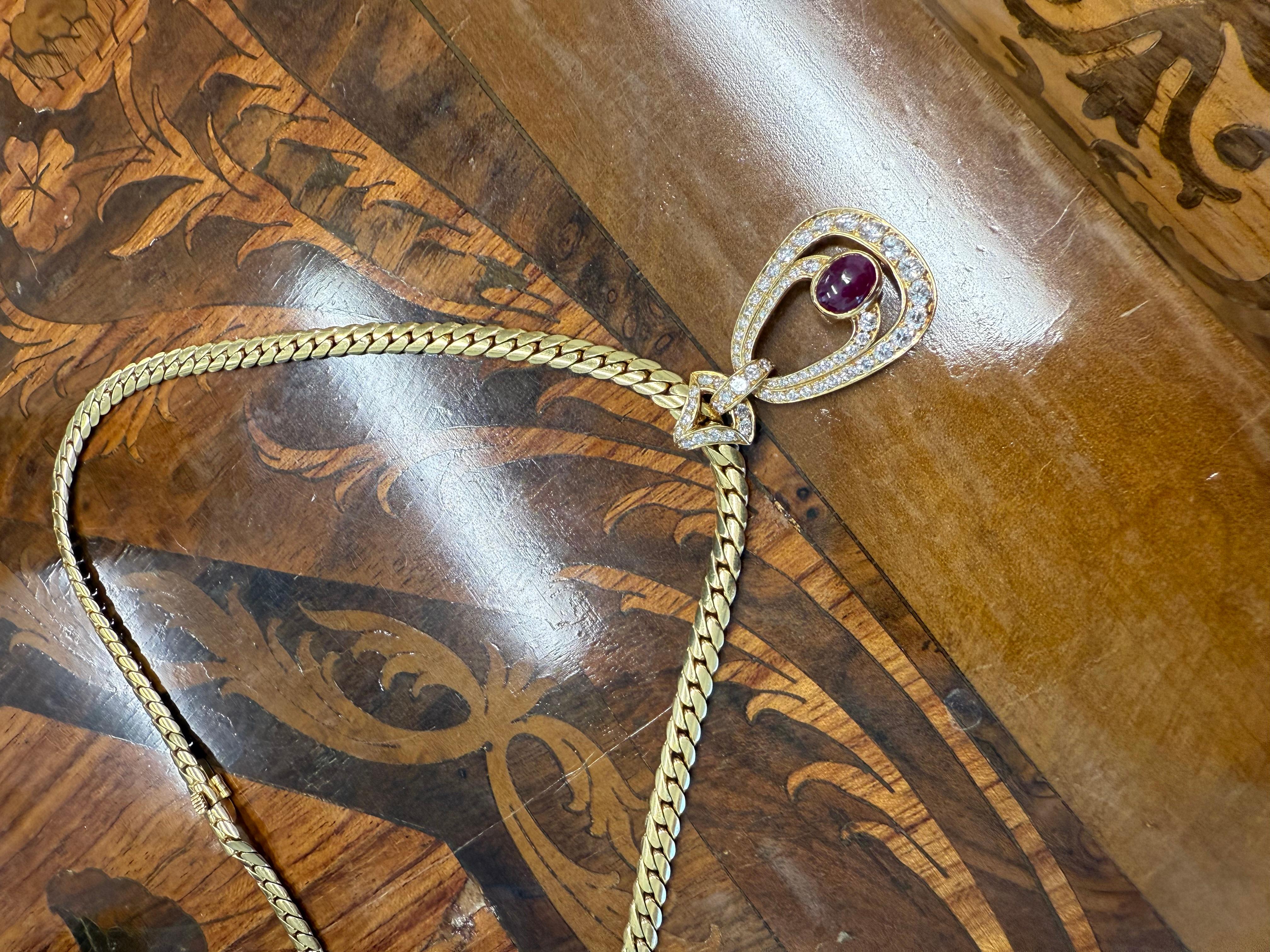 CARTIER PARIS 18k Yellow Gold, Diamond & Cabochon Ruby Necklace 1980s Vintage For Sale 1
