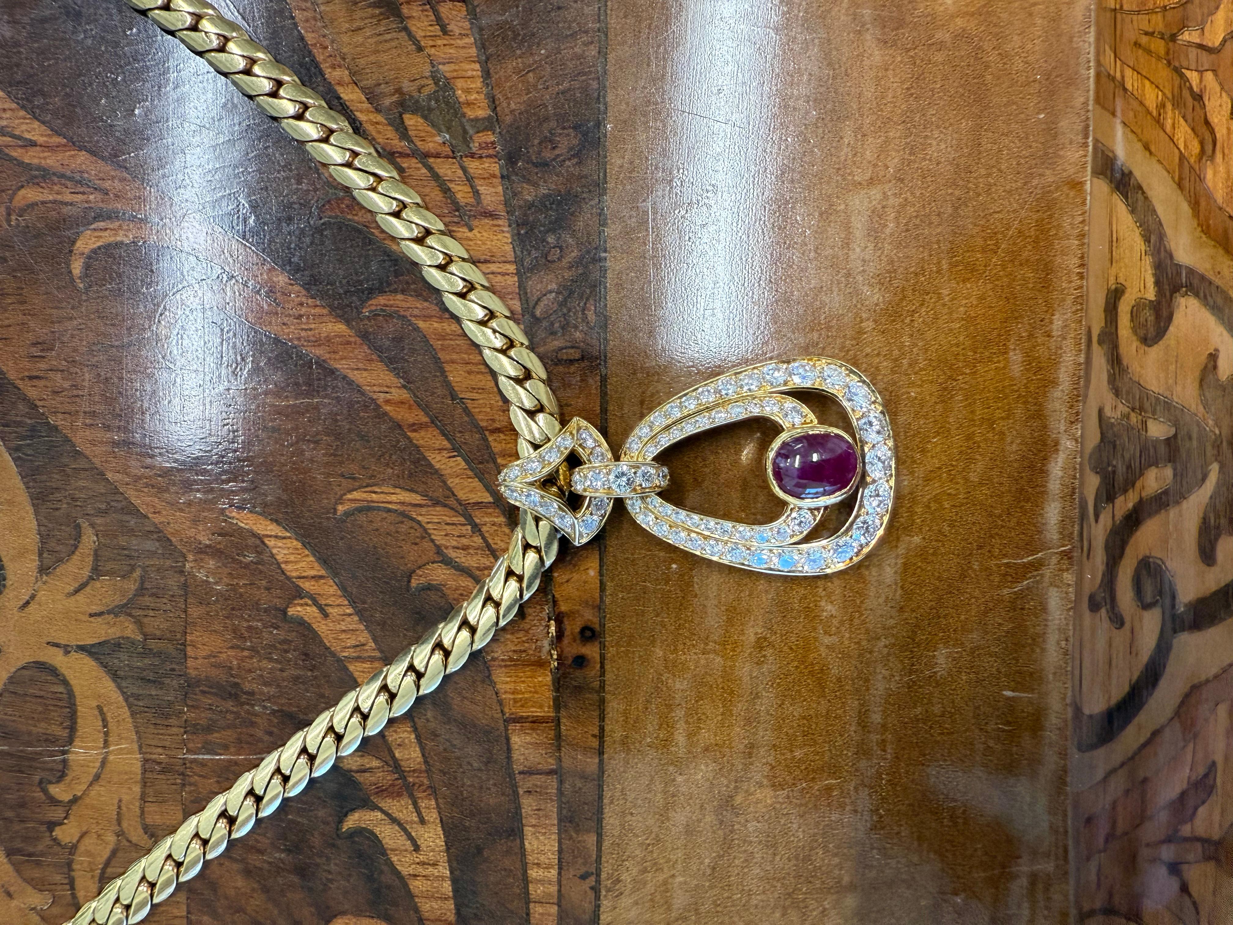 CARTIER PARIS 18k Yellow Gold, Diamond & Cabochon Ruby Necklace 1980s Vintage For Sale 2