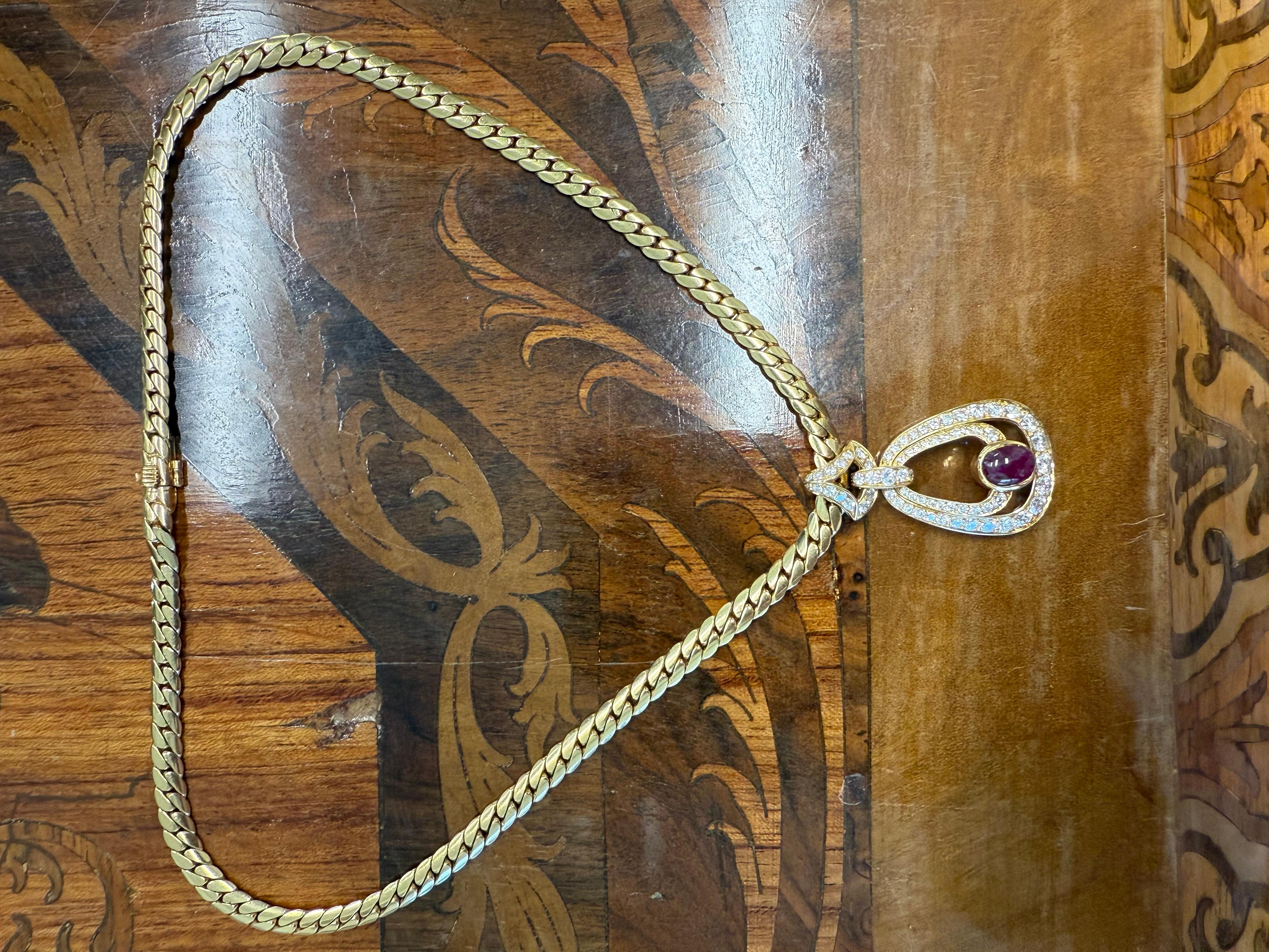 CARTIER PARIS 18k Yellow Gold, Diamond & Cabochon Ruby Necklace 1980s Vintage For Sale 3