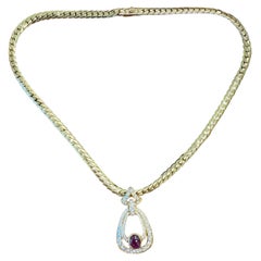 CARTIER PARIS 18k Yellow Gold, Diamond & Cabochon Ruby Necklace 1980s Vintage