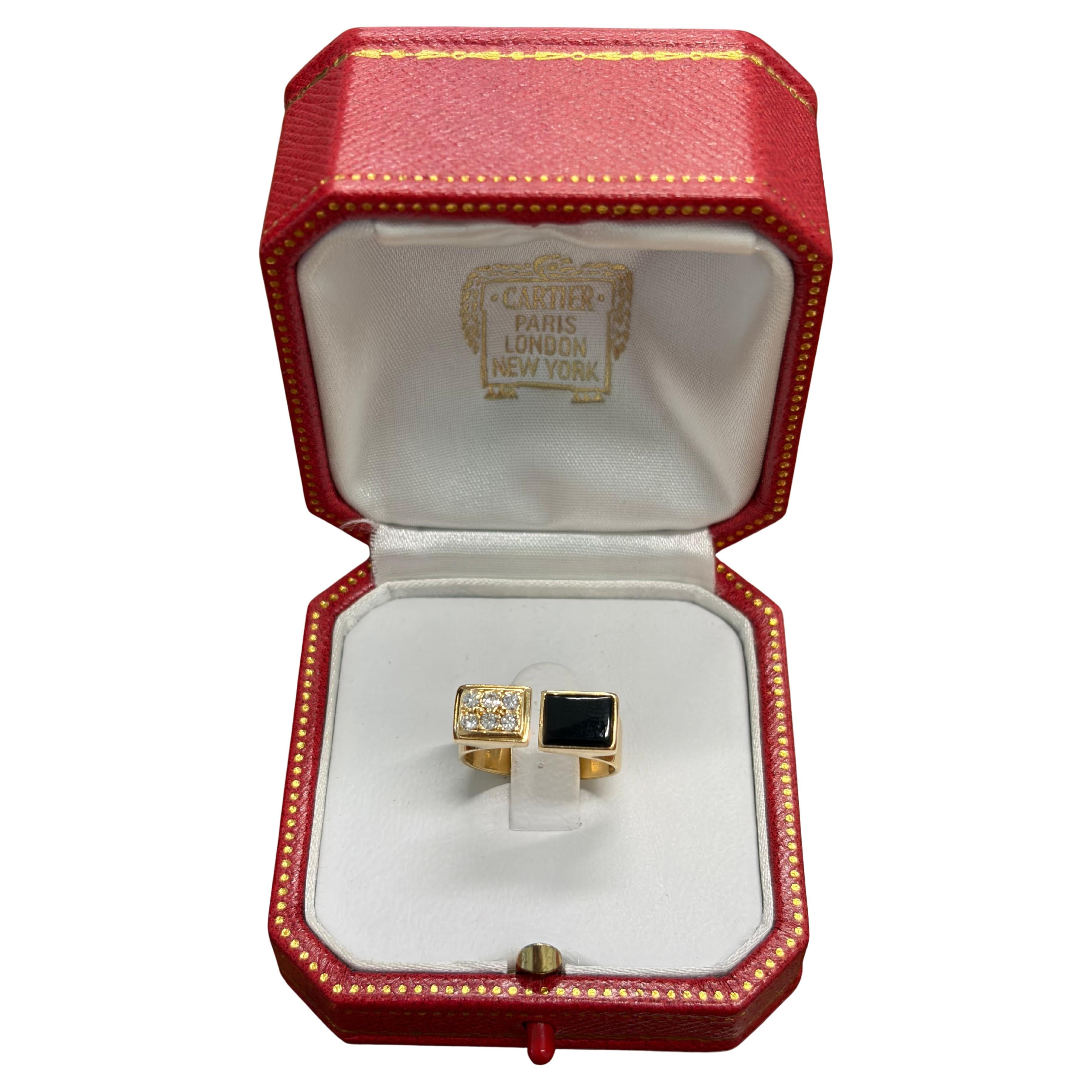 CARTIER PARIS 18k Yellow Gold, Onyx & Diamond Modernist Ring w/Box 1970s Vintage For Sale