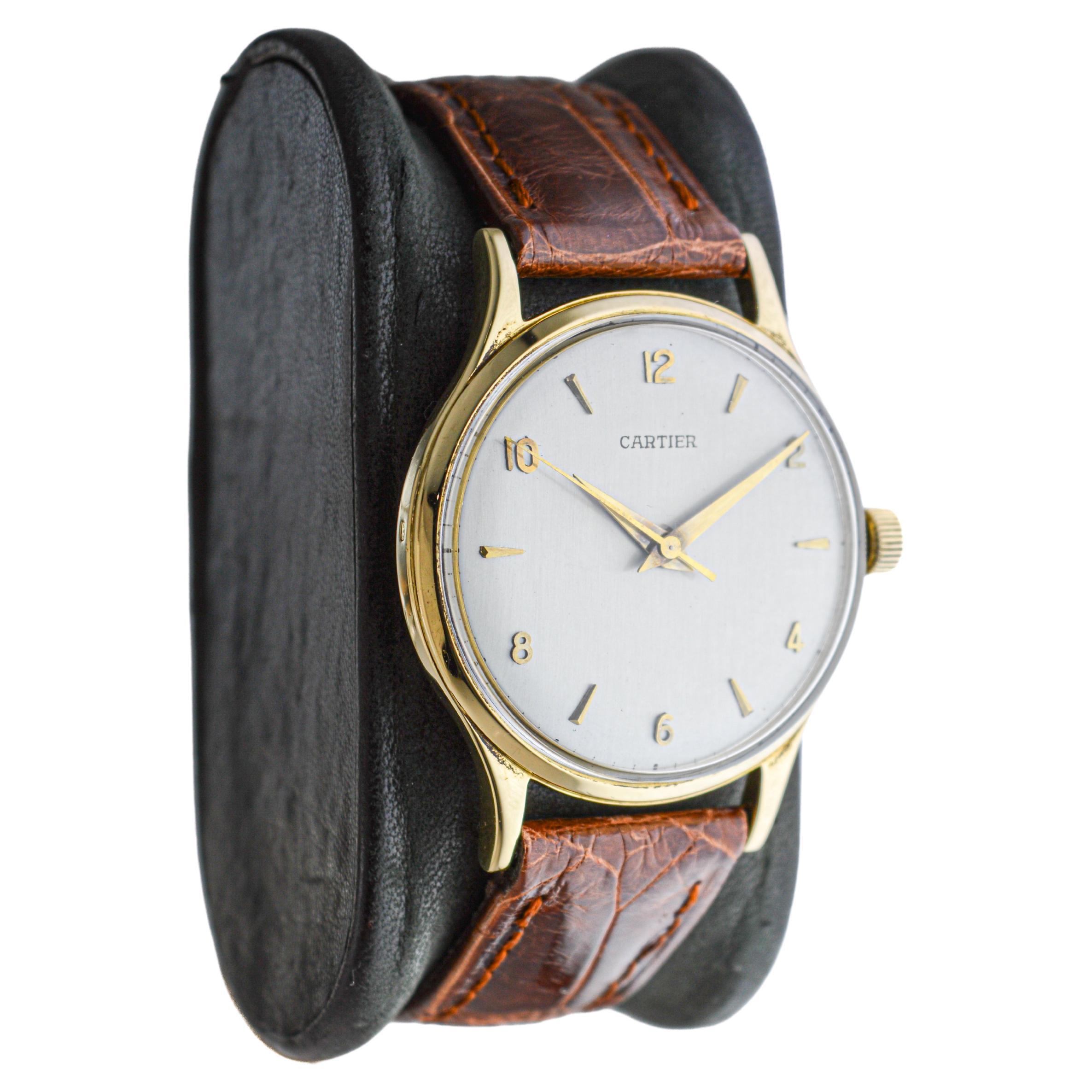 FACTORY / HOUSE: European Watch & Clock Co / Cartier Paris  
STYLE / REFERENCE: Calatrava Style 
METAL: 18Kt. Yellow Gold
CIRCA: 1950's
MOVEMENT / CALIBER: 17 Jewels / Sweep / European Watch & Clock Co. 
Caliber P800/C
DIAL / HANDS: Silvered Dial