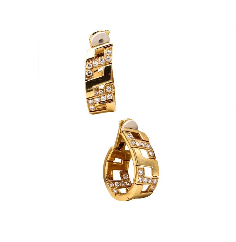 Women's Cartier Paris 18Kt Gold Etruscan Earrings Hoops with 2.88 Cts in VVS Diamonds For Sale