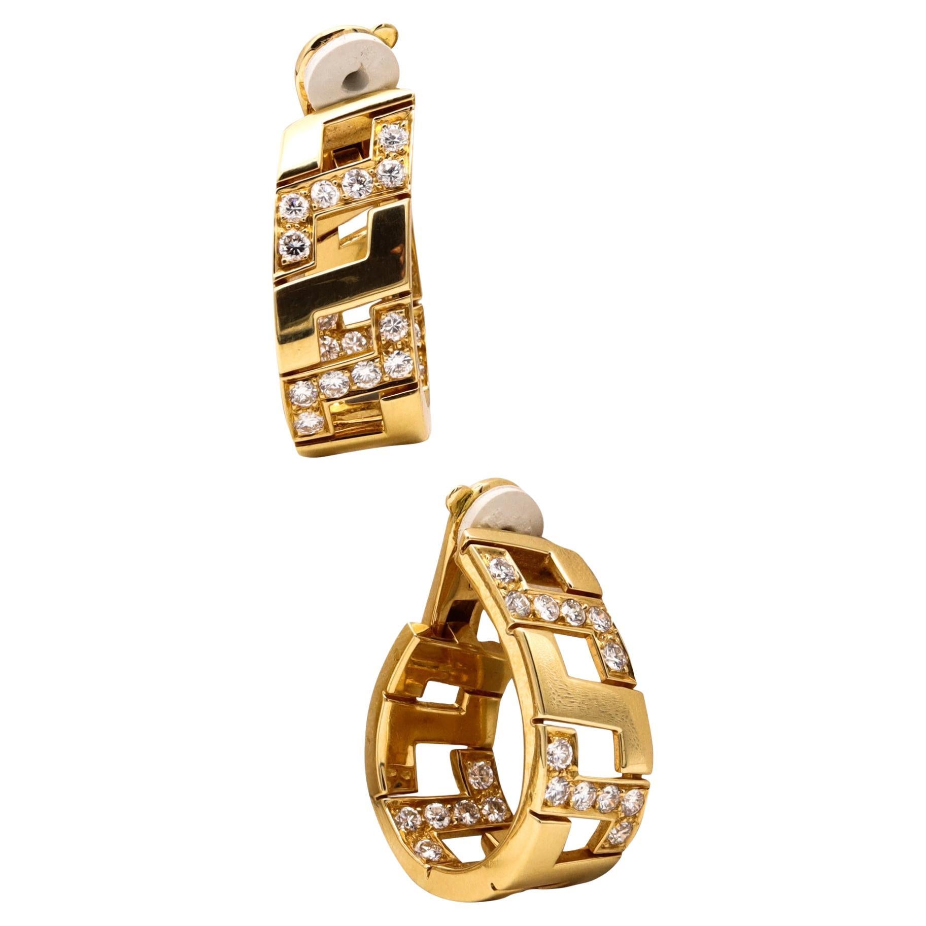 Cartier Paris 18Kt Gold Etruscan Earrings Hoops with 2.88 Cts in VVS Diamonds