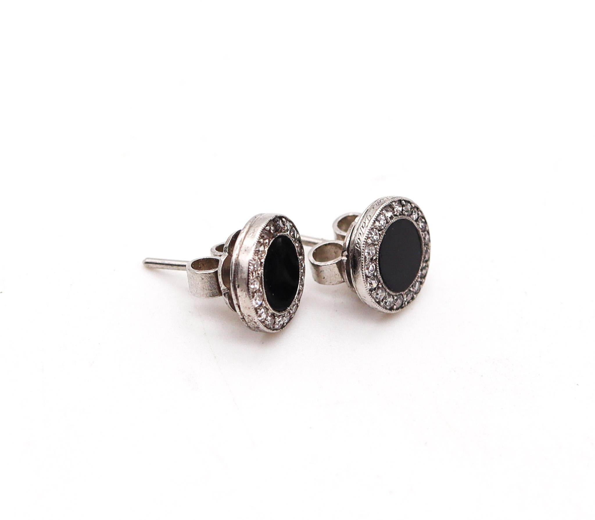 Rose Cut Cartier Paris 1900 Edwardian Earrings Studs In Platinum With Diamonds and Onyx