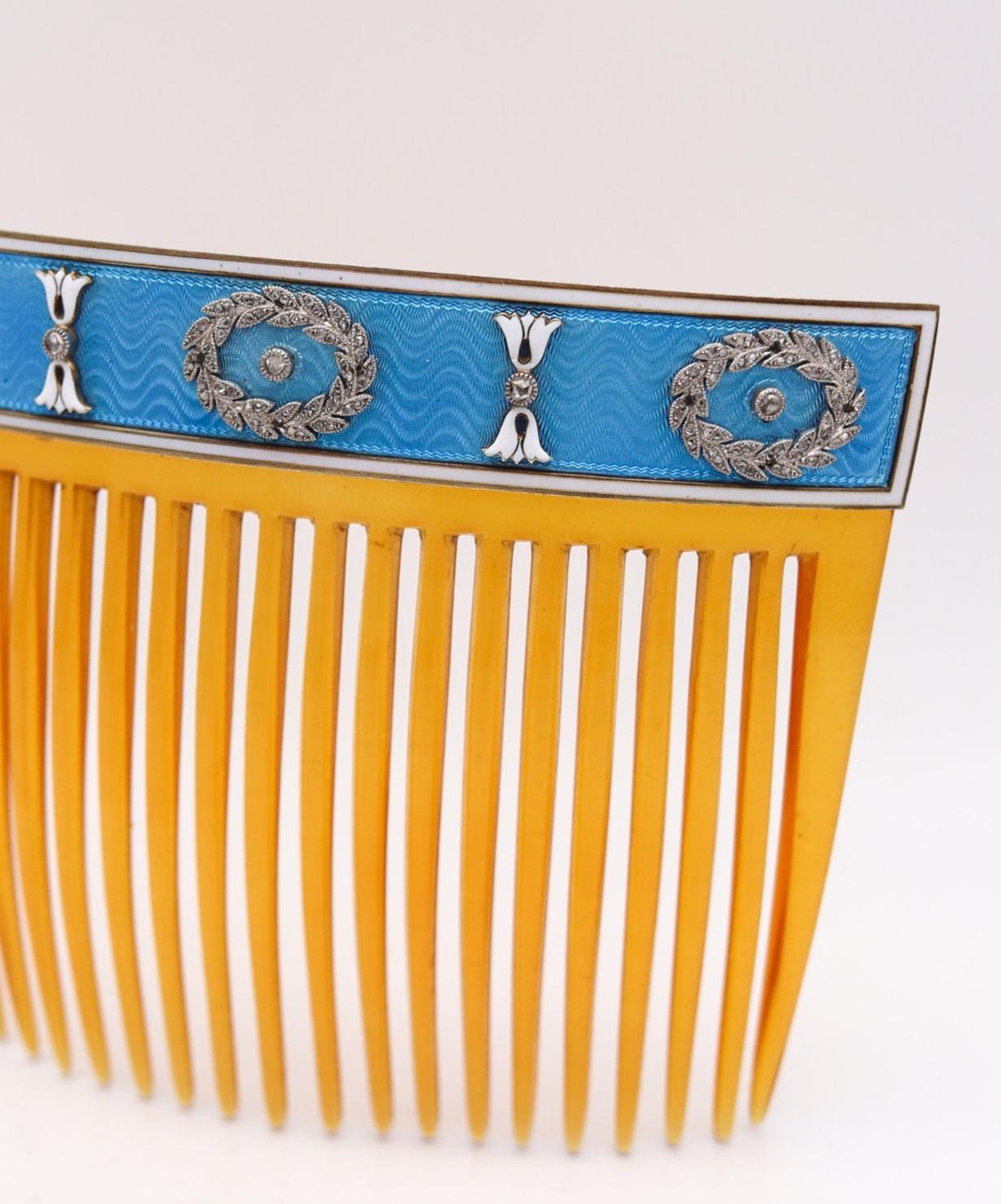 Cartier Paris 1900 Edwardian Enameled Hairs-Comb in 18Kt Gold With Diamonds For Sale 6
