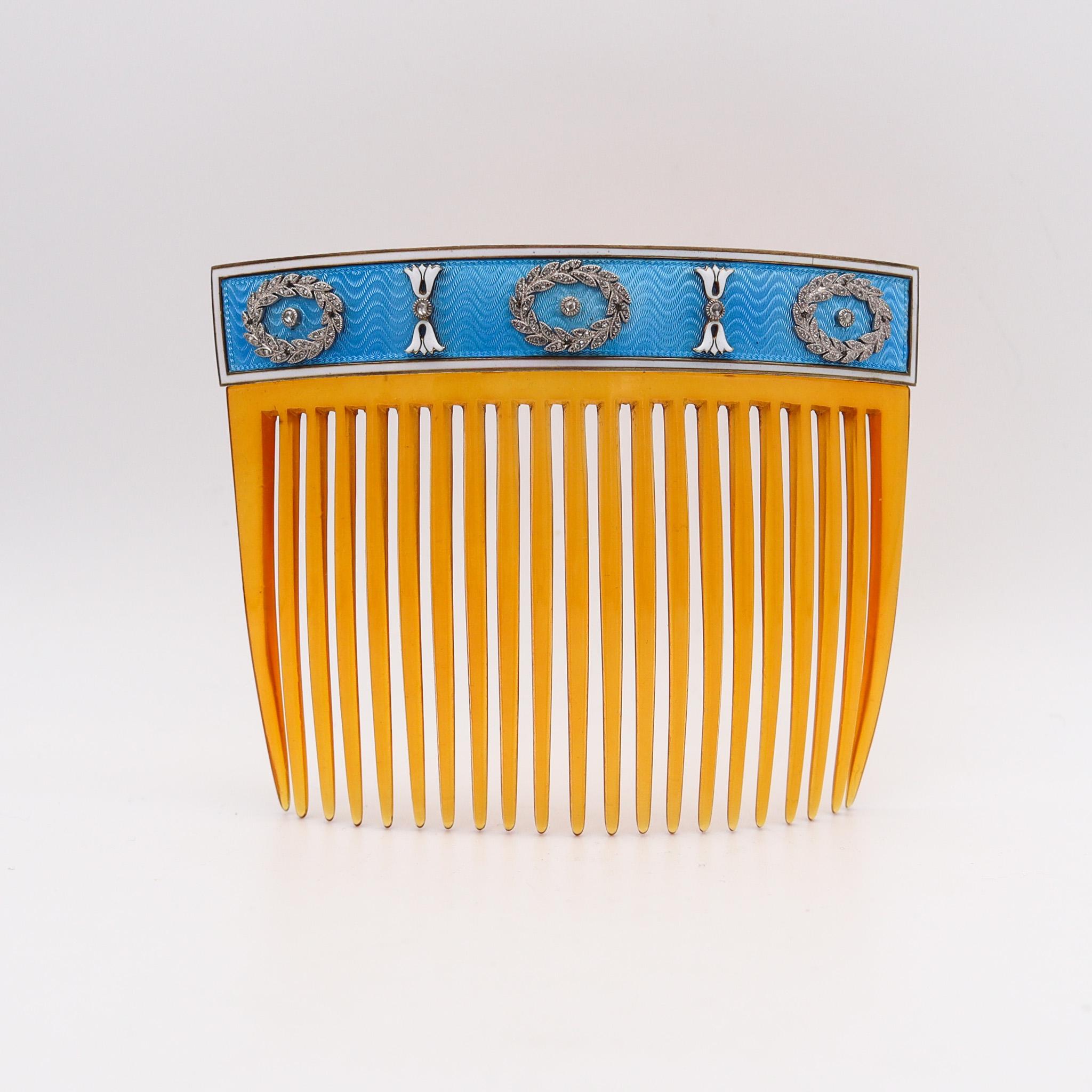 Cartier París 1900 Peine esmaltado eduardiano de oro de 18 quilates con diamantes Eduardiano