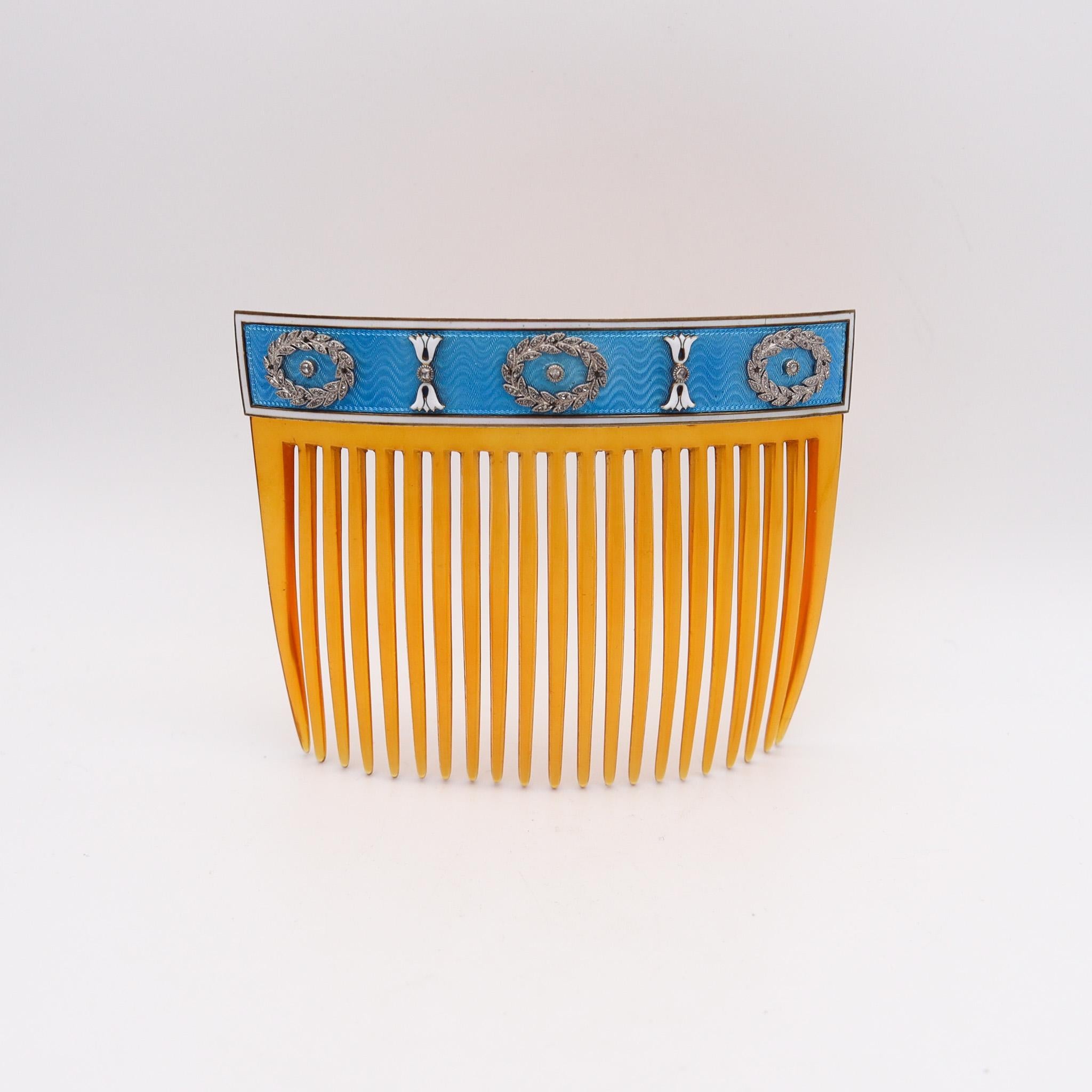 Women's or Men's Cartier Paris 1900 Edwardian Enameled Hairs-Comb in 18Kt Gold With Diamonds For Sale