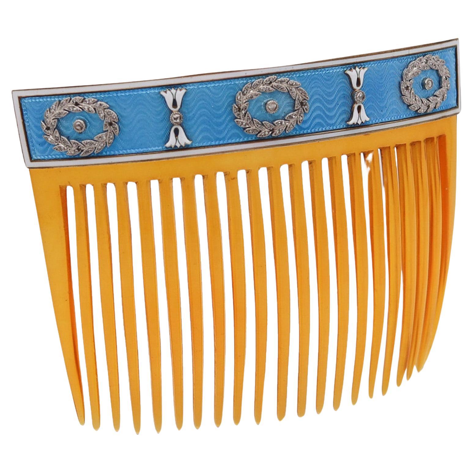 Cartier Paris 1900 Edwardian Enameled Hairs-Comb in 18Kt Gold With Diamonds