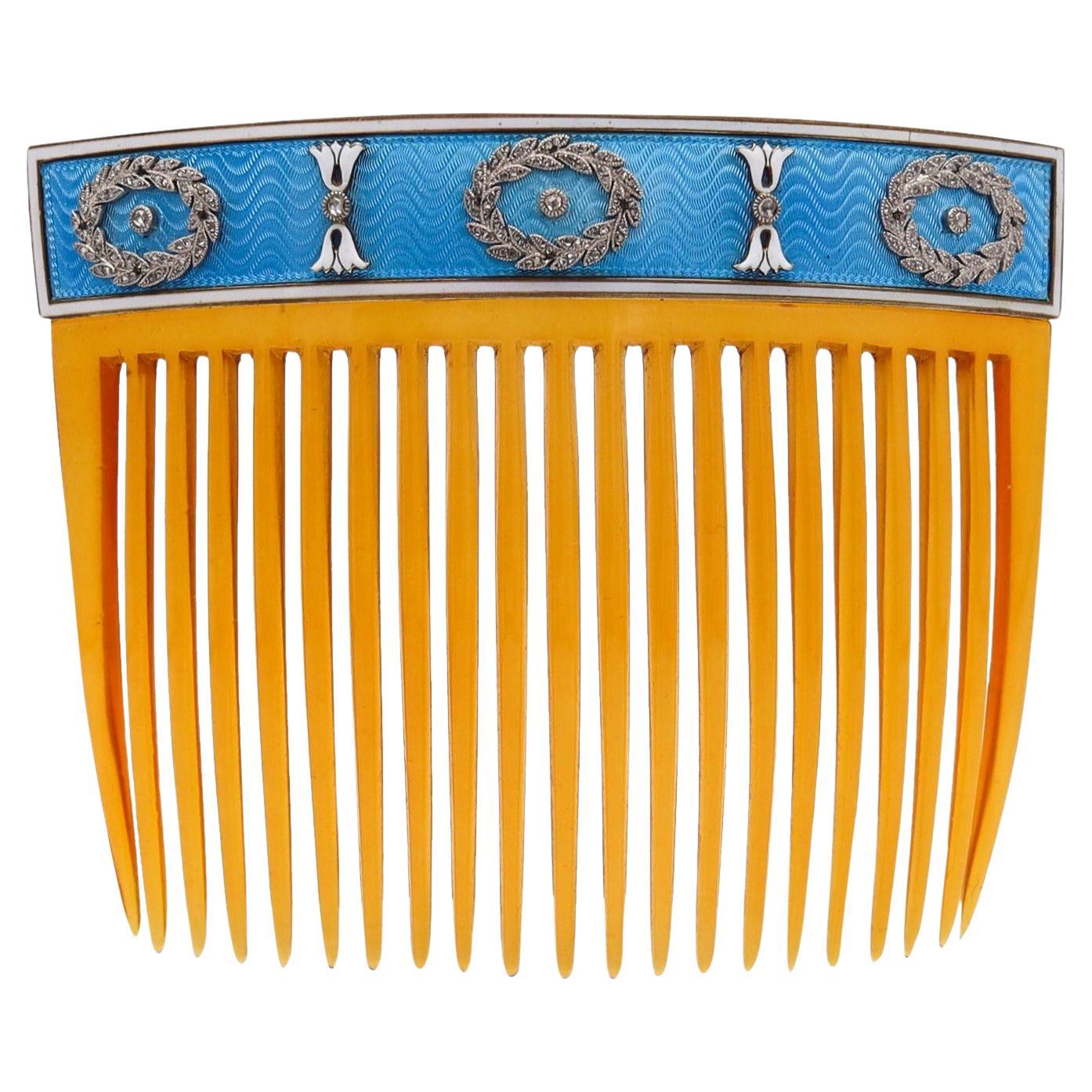 Cartier Paris 1900 Edwardian Enameled Hairs-Comb in 18Kt Gold With Diamonds For Sale