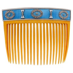 Antique Cartier Paris 1900 Edwardian Enameled Hairs-Comb in 18Kt Gold With Diamonds