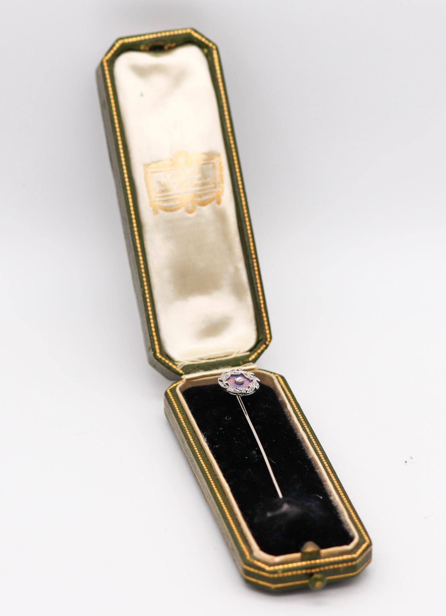 Cartier Paris 1900 Edwardian Guilloche Enamel Pin 18Kt Gold Platinum And Diamond For Sale 1