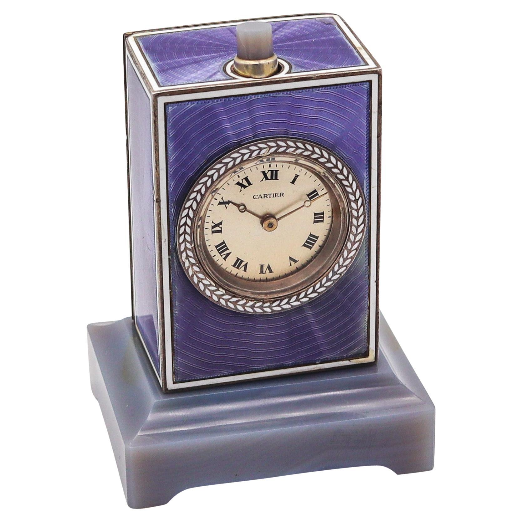 CARTIER Paris 1909 Belle Époque, horloge à chariot à transmettre en émail et agate sterling