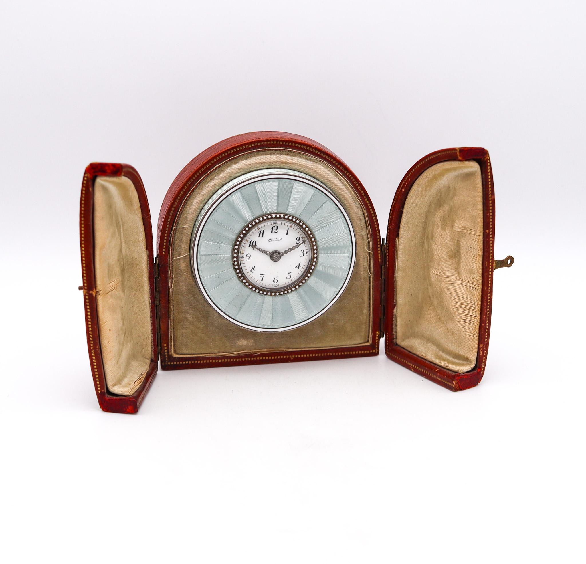Cartier Paris 1910 Belle Epoque Enamel Desk Clock Gold Platinum Silver Diamonds For Sale 3