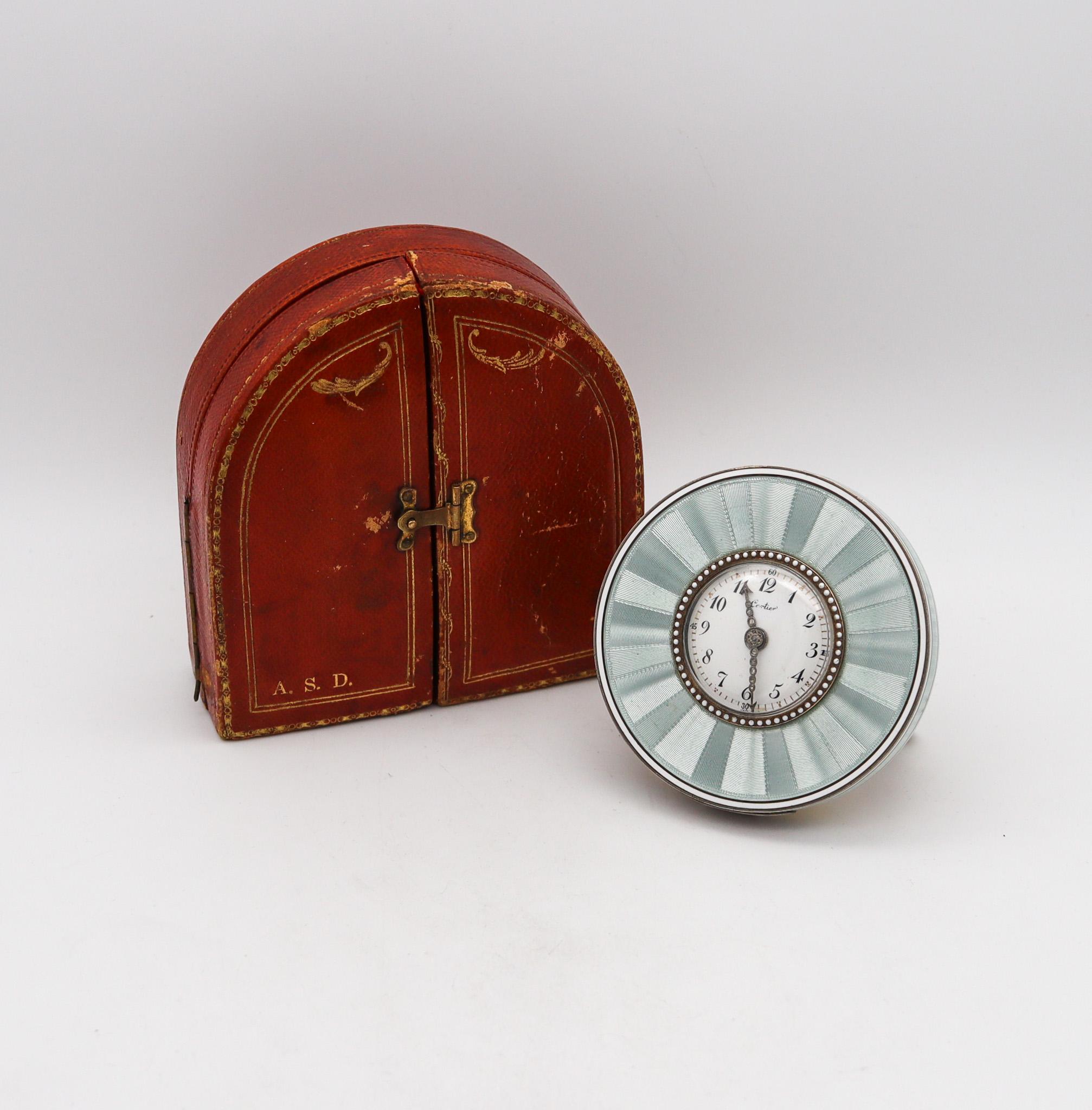 Horloge de bureau en émail Cartier Paris 1910 Belle Epoque Or Platine Argent Diamants en vente 7