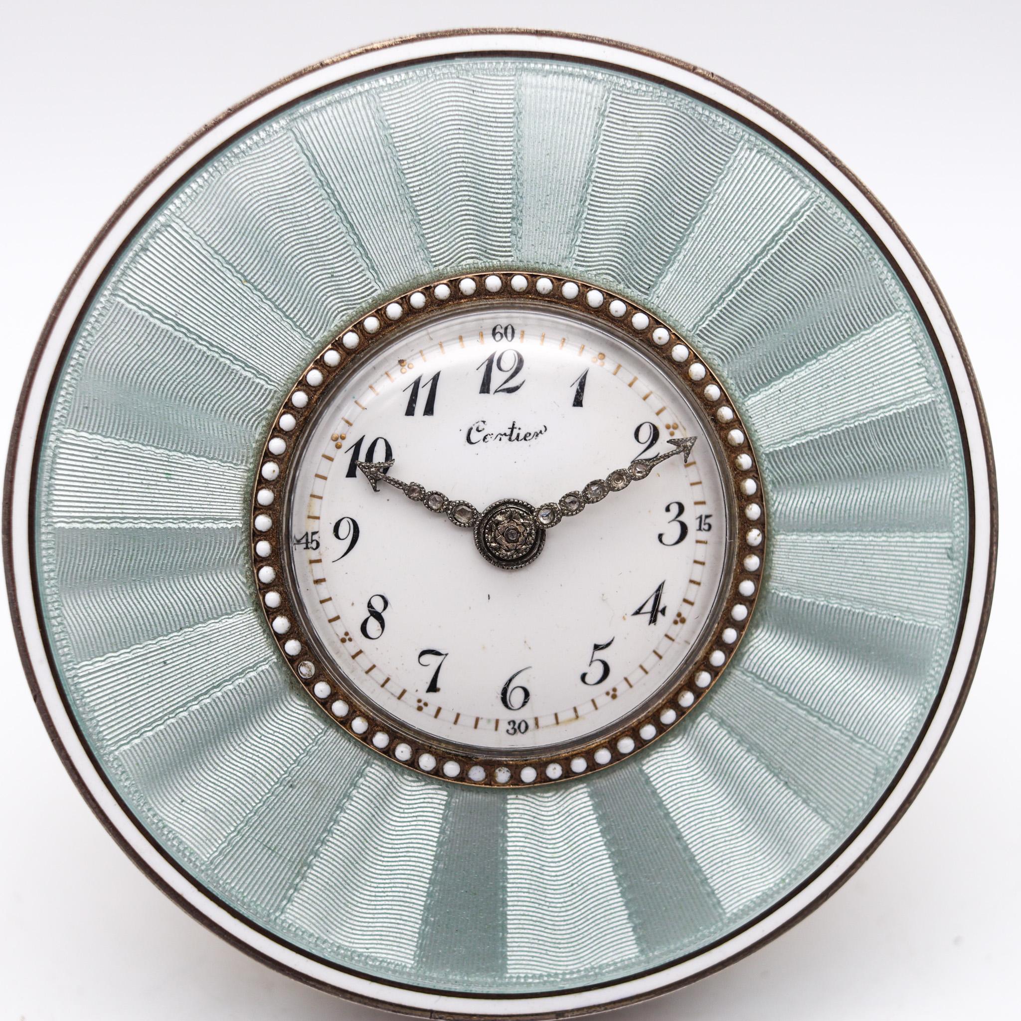 Édouardien Horloge de bureau en émail Cartier Paris 1910 Belle Epoque Or Platine Argent Diamants en vente
