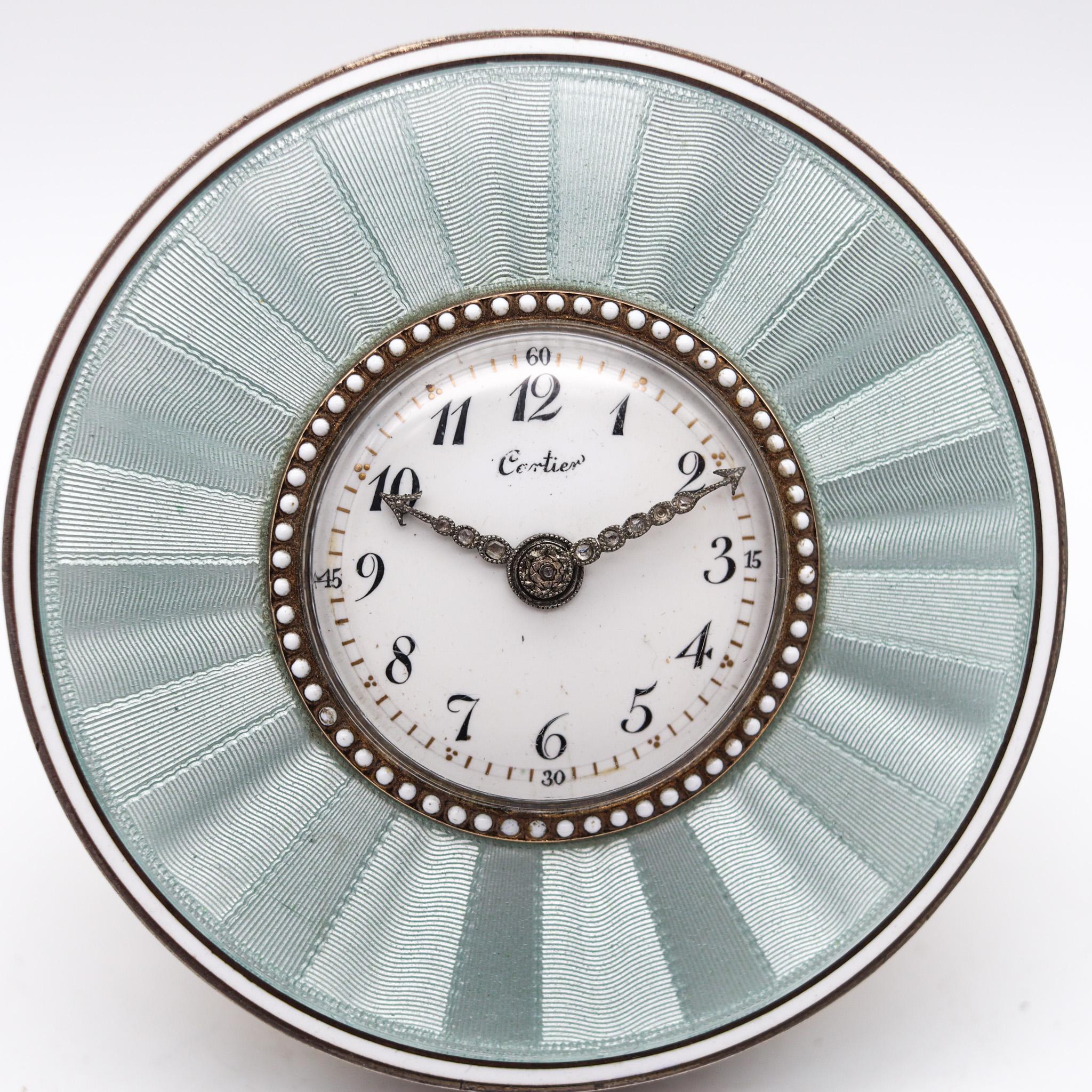 CARTIER Paris 1910 Edwardianische Emaille-Schreibtischuhr 18kt Gold Platin Silber Diamant 1