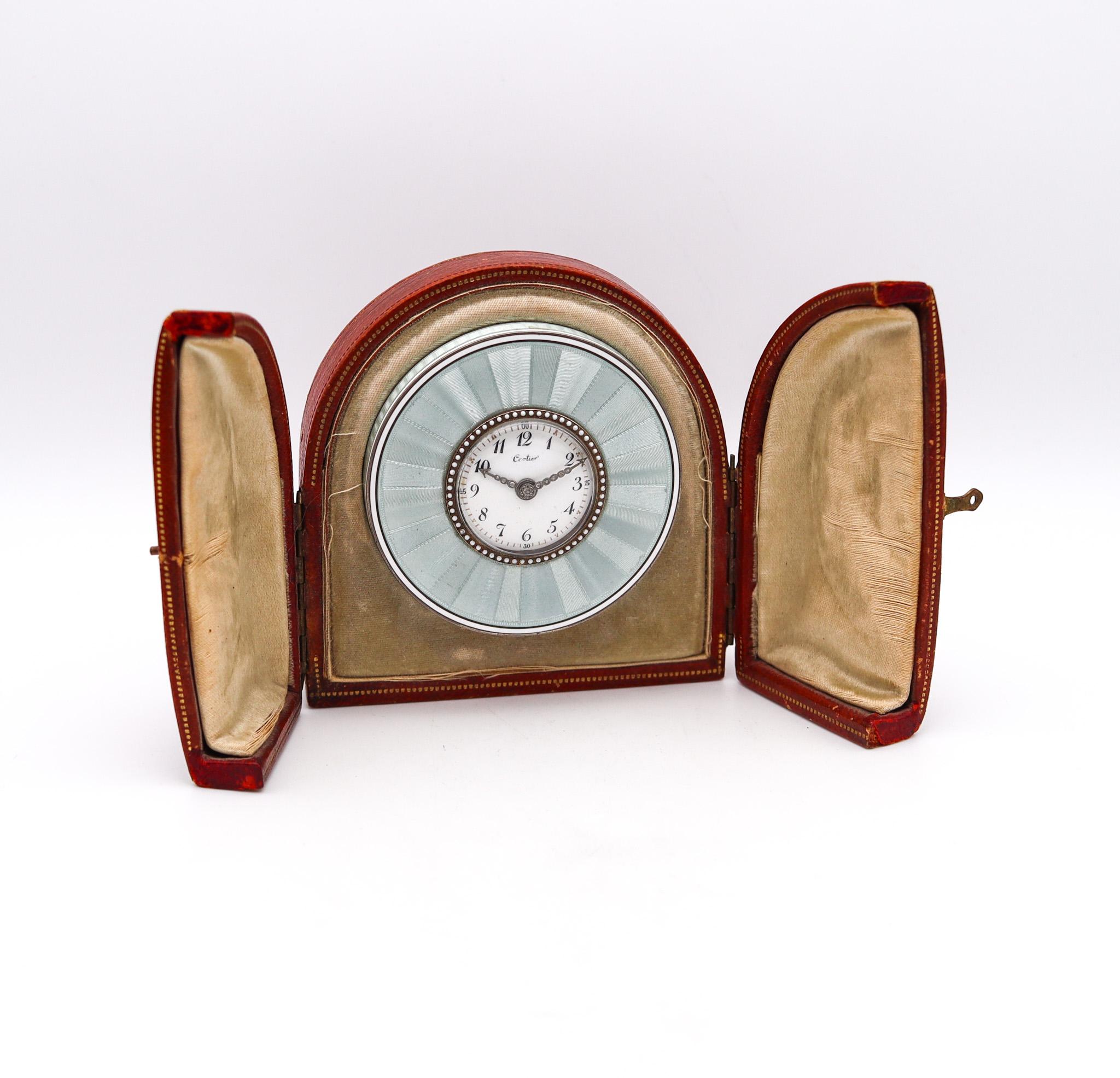 CARTIER Paris 1910 Edwardianische Emaille-Schreibtischuhr 18kt Gold Platin Silber Diamant 3