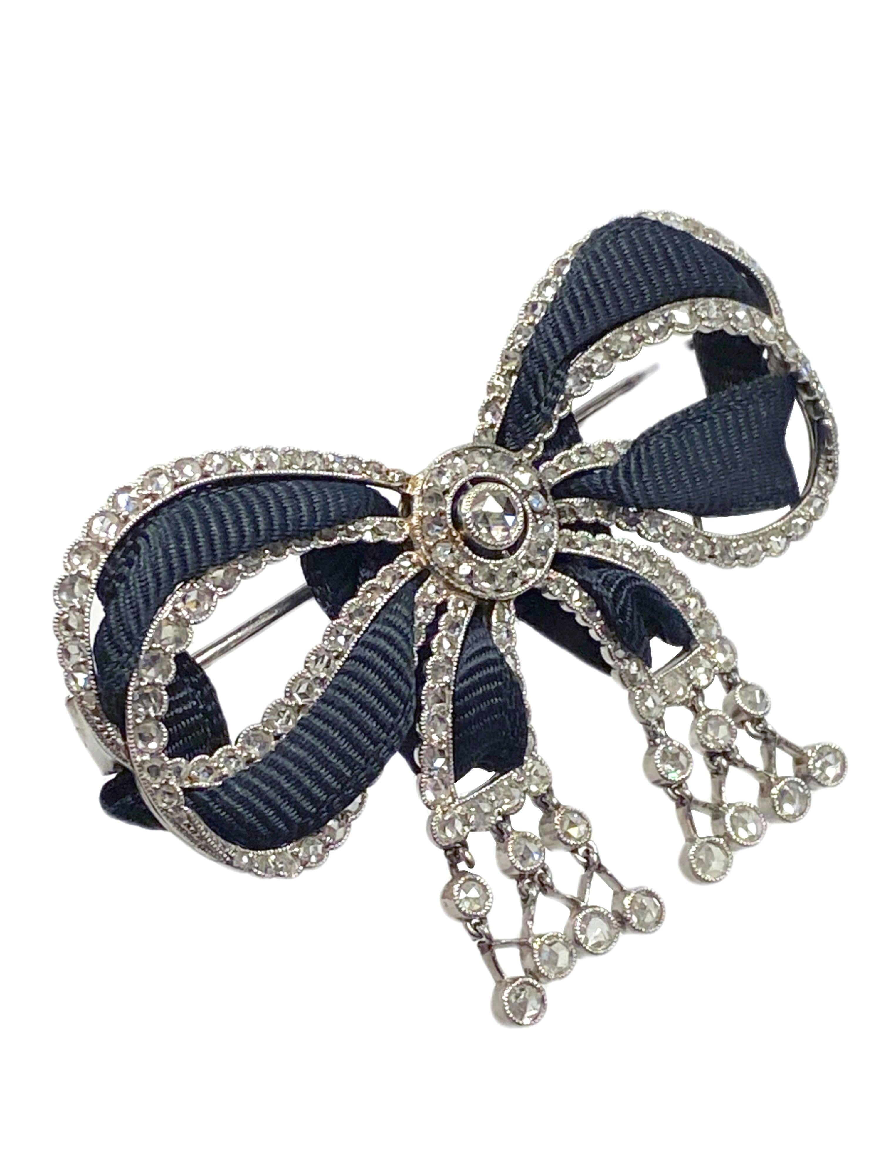 Rose Cut Cartier Paris 1910 Platinum & Diamond Large Bow Brooch