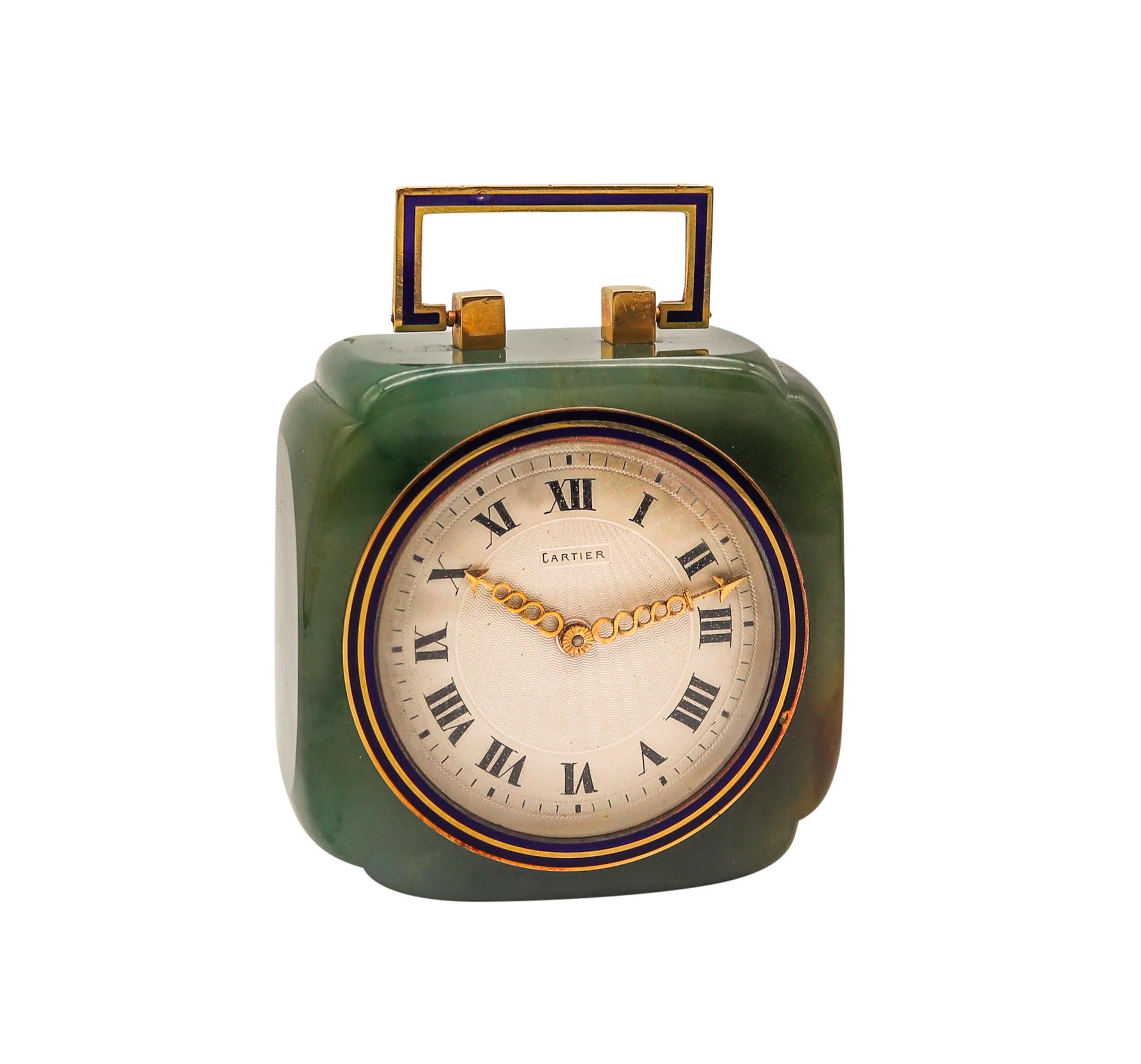 Hand-Crafted Cartier Paris 1920 Art Deco Chinoiserie 18kt Desk Clock in Nephrite Jade Enamel For Sale