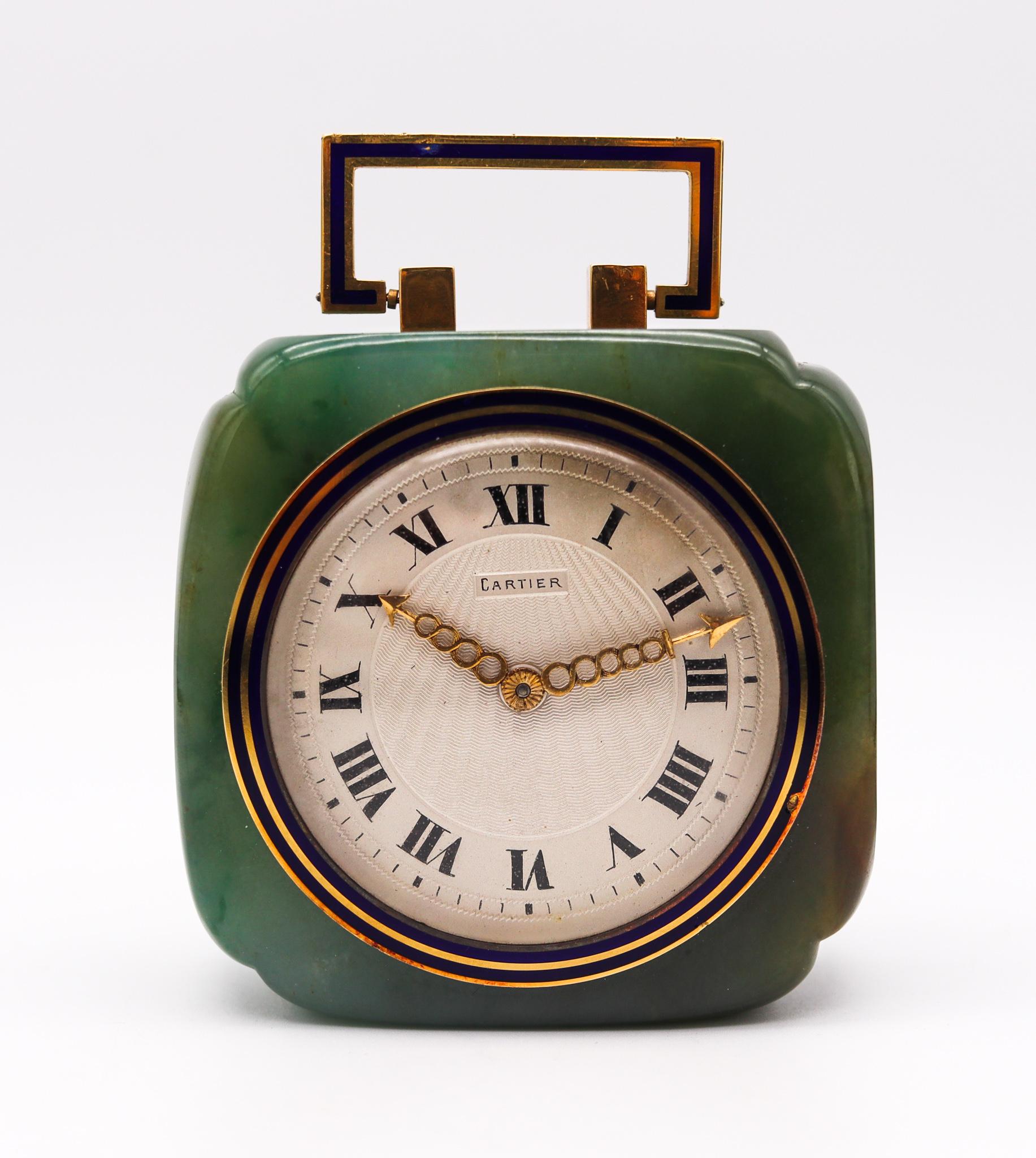 Gold Cartier Paris 1920 Art Deco Chinoiserie 18kt Desk Clock in Nephrite Jade Enamel For Sale