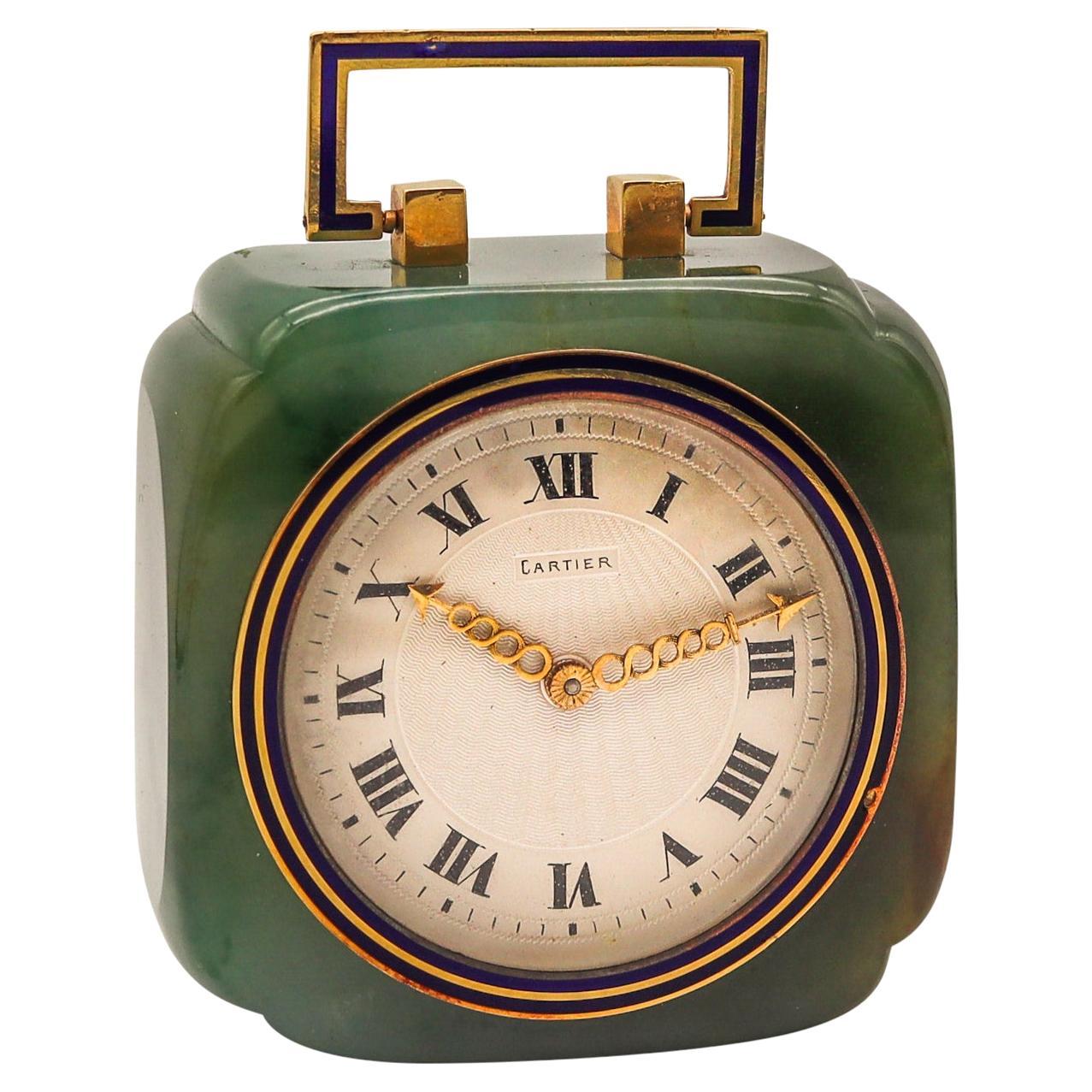 Cartier Paris 1920 Art Deco Chinoiserie 18kt Desk Clock in Nephrite Jade Enamel For Sale