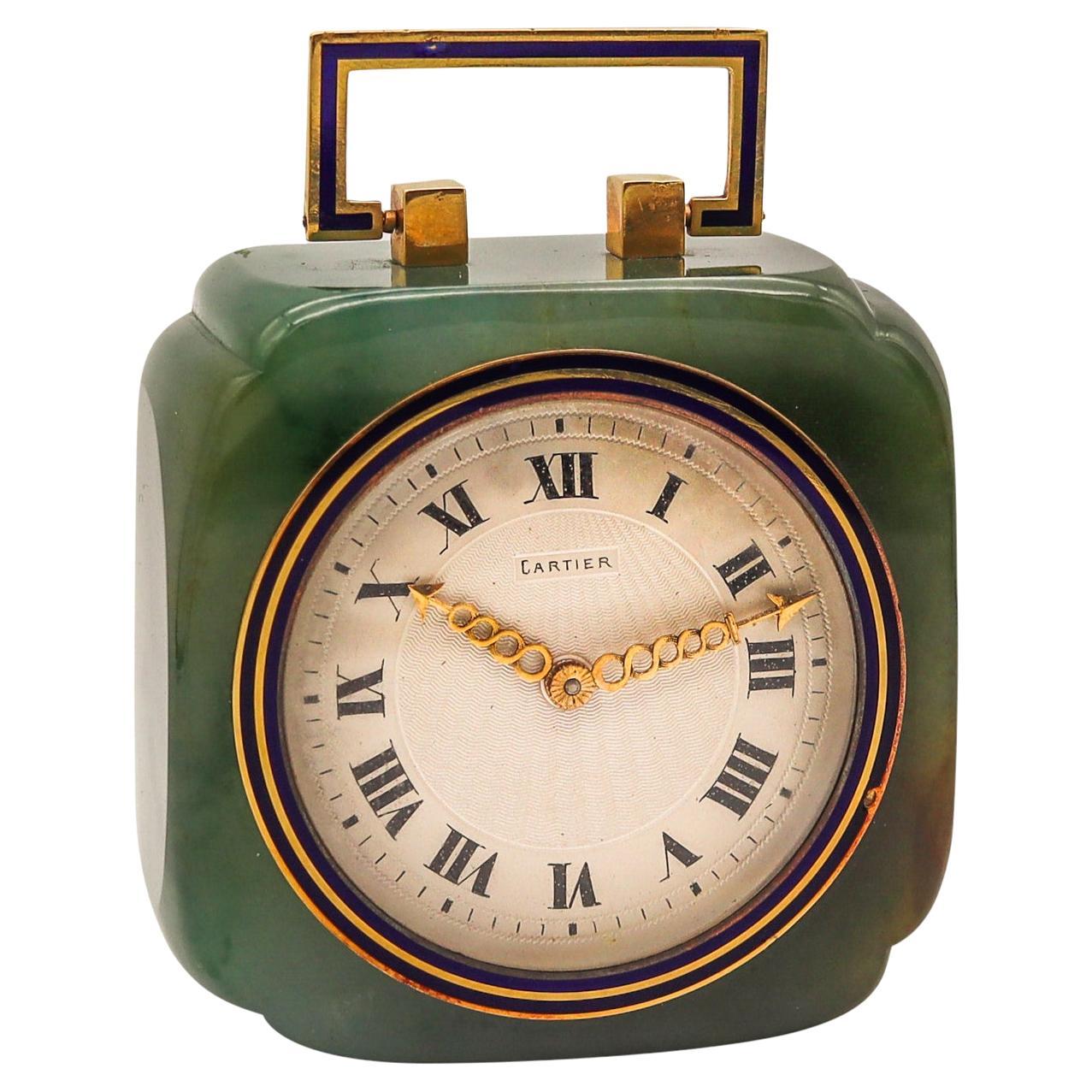 Cartier Paris 1920 Art Deco Chinoiserie 18kt Desk Clock in Nephrite Jade Enamel