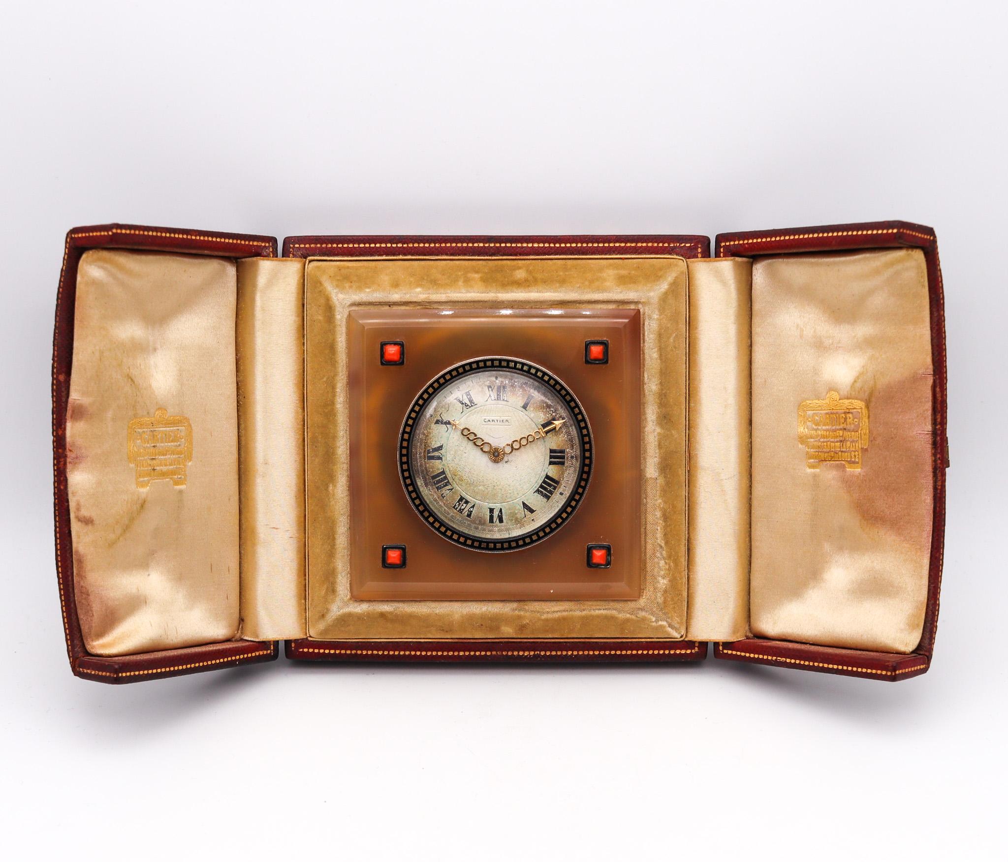 Belle epoque desk clock designed by Cartier.

Beautiful square desk clock, created by the house of Cartier, during the art deco period, back in the 1925. This stunning piece has been designed with strong geometric patterns and carefully crafted with