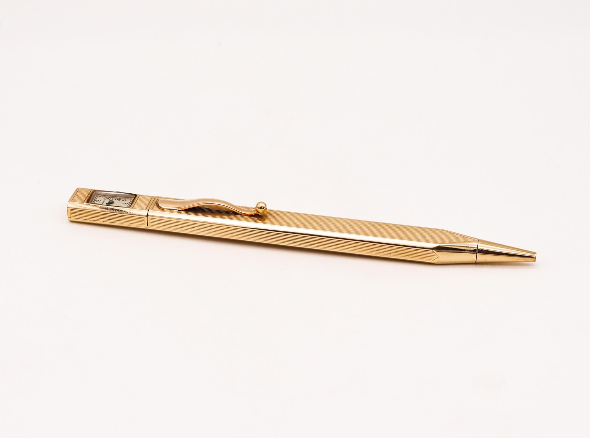 Convertible pensil-watch designed by Cartier.

Very unusual and useful piece, created in Paris France by the iconic house of Cartier, during the late art deco period, back in the 1930's. This is a convertible pensil and a watch, crafted with