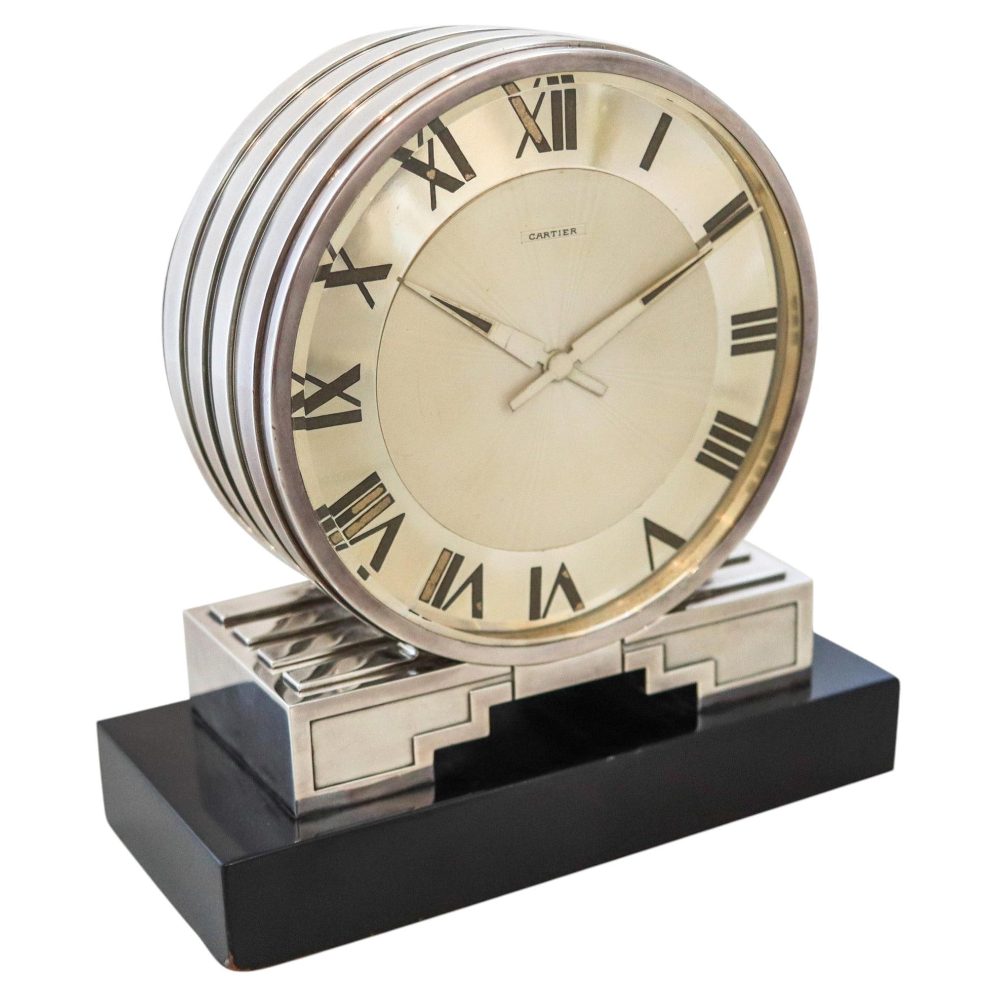 CARTIER Paris 1930 Art Deco Desk Partners-Clock In Sterling Silver & Lacquer For Sale