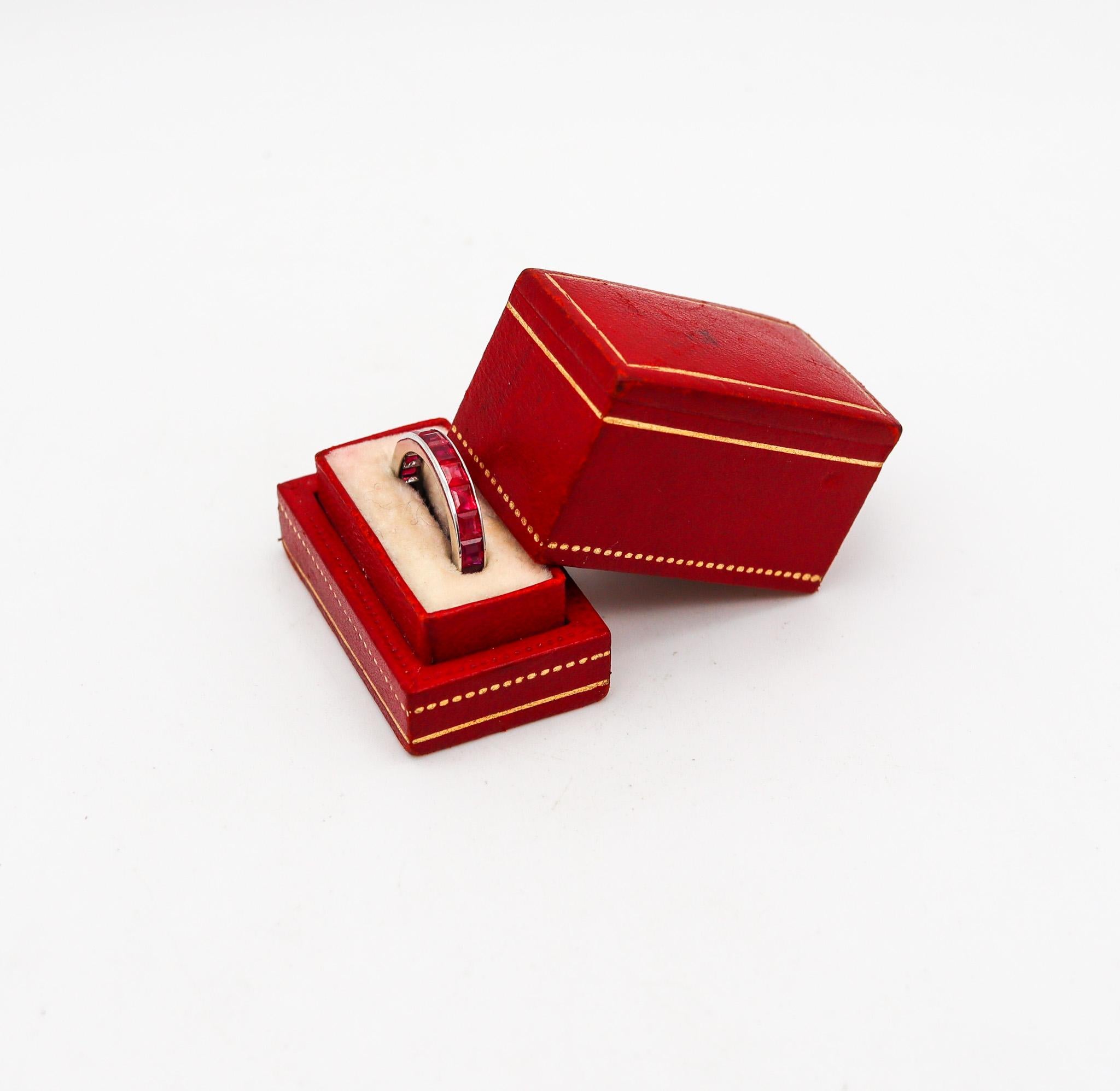 An eternity ring designed by Cartier.

Fabulous eternity ring, created during the art deco period in Paris France by the house of Cartier, back in the 1930. The ring is a classic and has been crafted in solid .900/.999 platinum with high polished