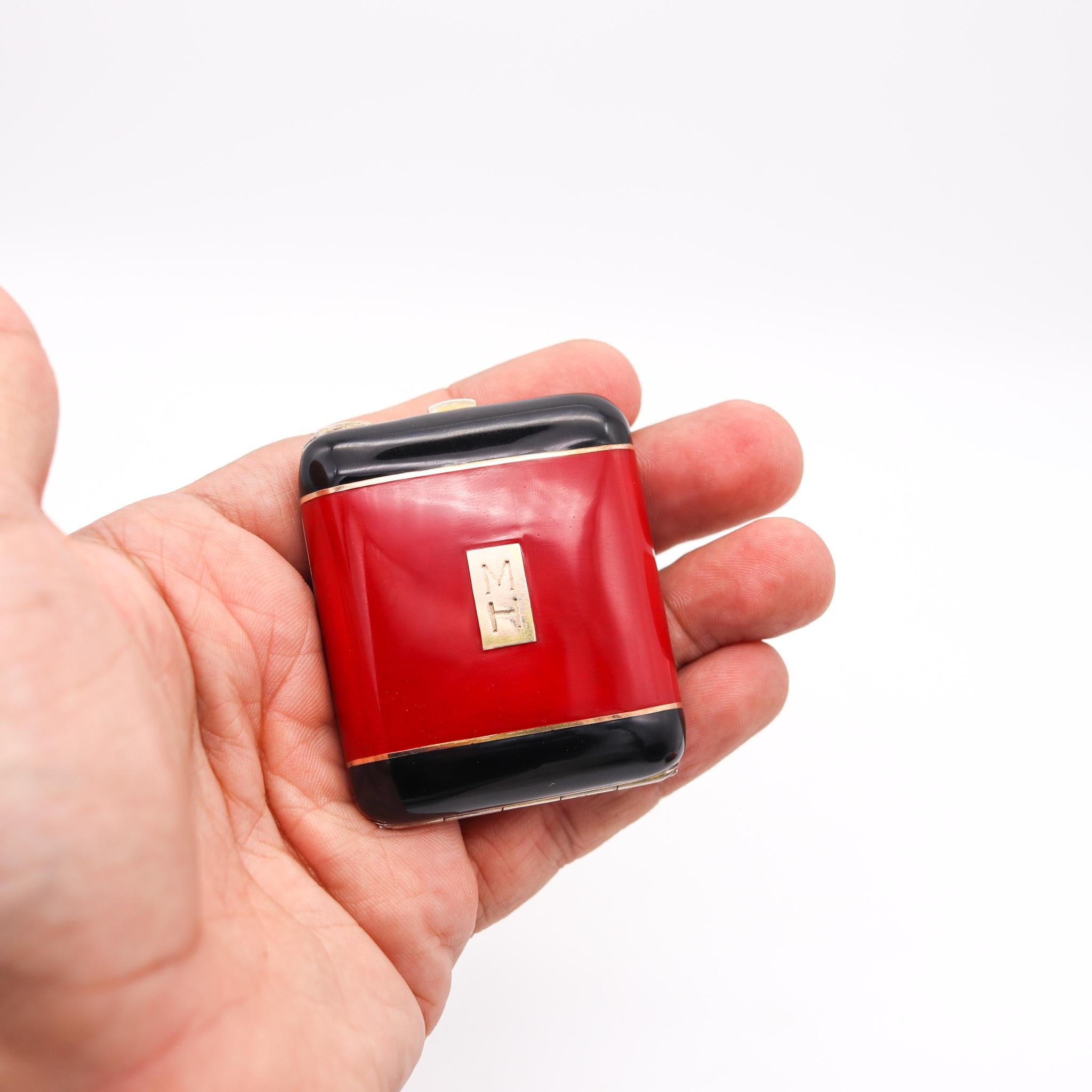 Cartier Paris 1935 Art Deco Travel Clock In Red & Black Lacquer Gilded Sterling 1