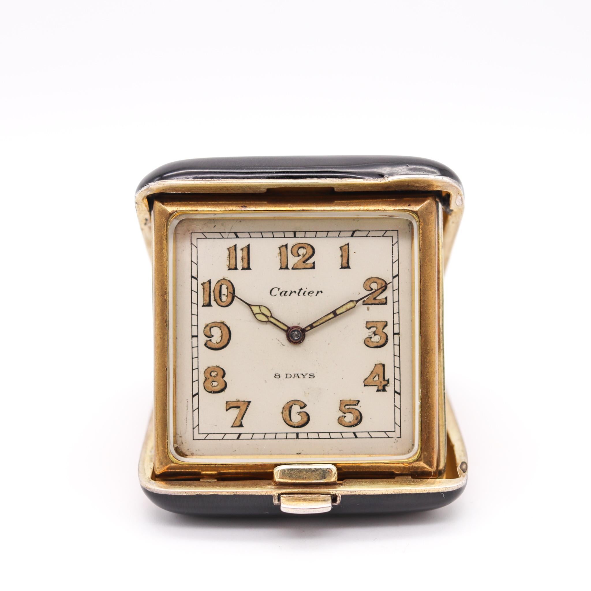 Cartier Paris 1935 Art Deco Travel Clock In Red & Black Lacquer Gilded Sterling 2