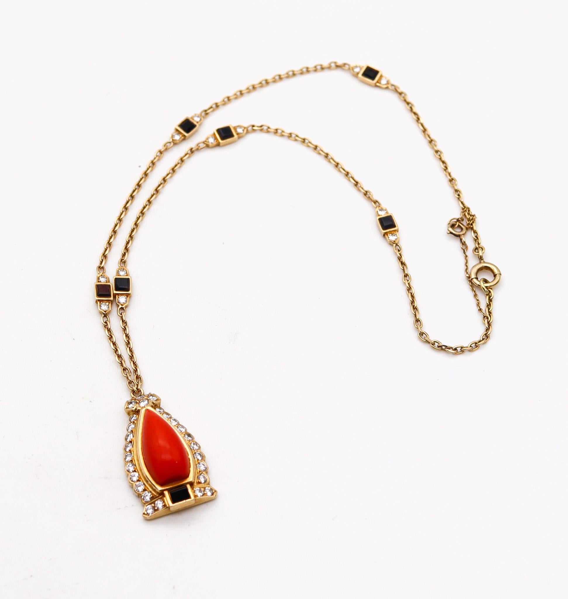 A necklace designed by Cartier.

Beautiful colorful V shaped necklace, designed in Paris France during the late art deco period, back in the 1940. The necklace was crafted by the jewelry house of Cartier in solid yellow gold of 18 karats with