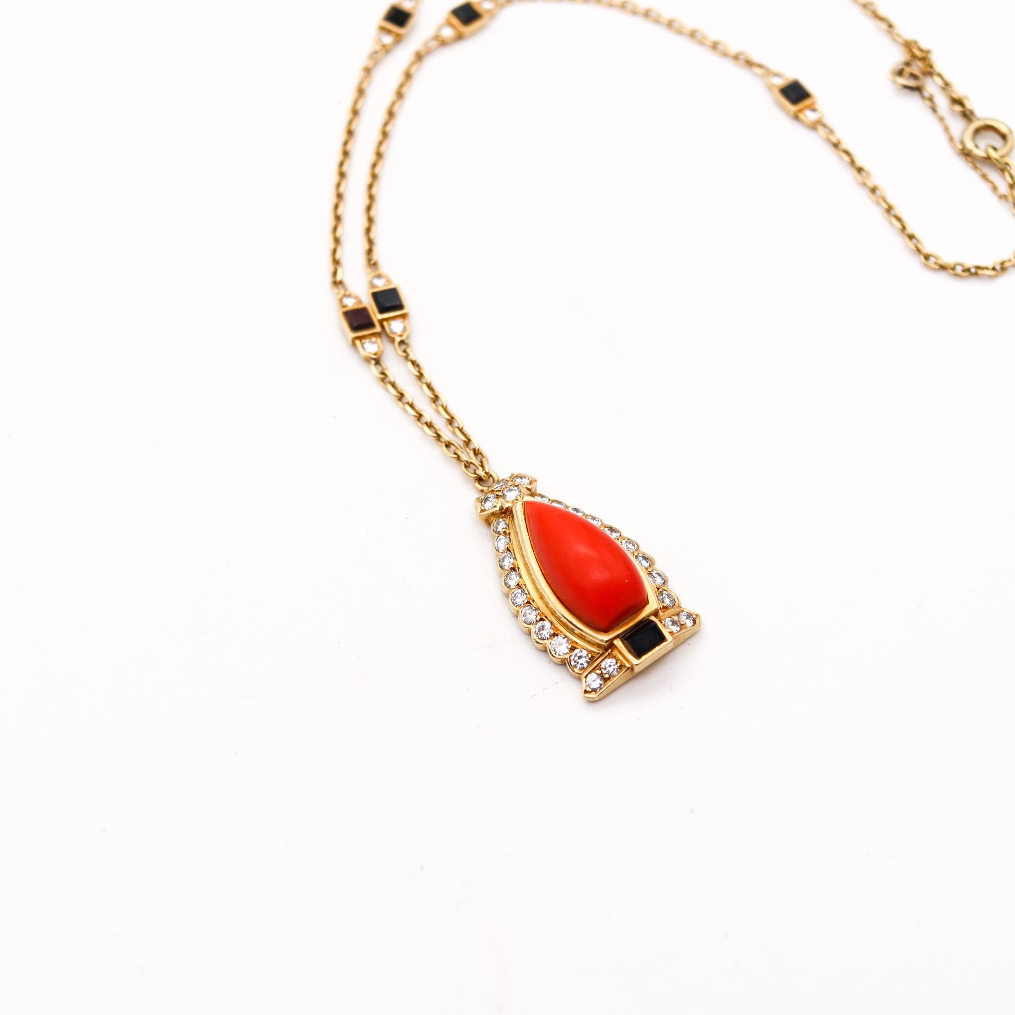 Mixed Cut Cartier Paris 1940 Art Deco Necklace In 18Kt Gold With Diamonds Coral & Onyxes For Sale