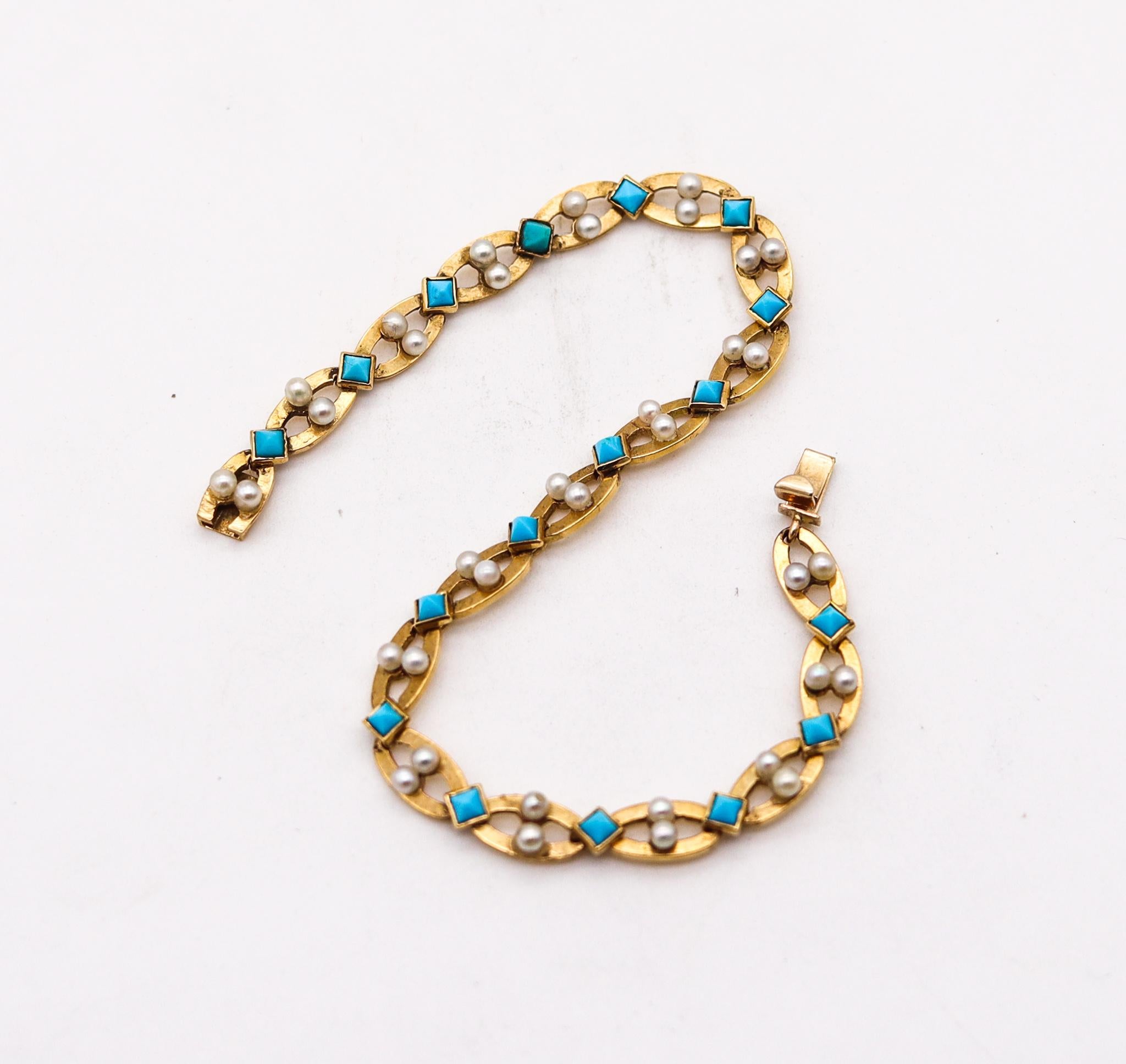 Post-War Cartier Paris 1950 George L'Enfant Bracelet 18Kt Gold With Turquoises & Pearls