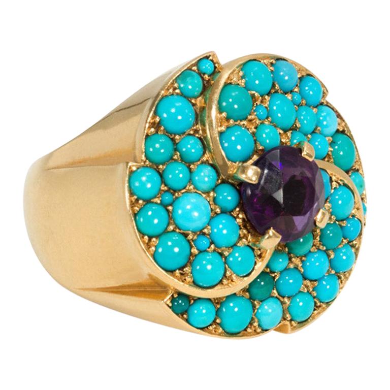 Cartier, Paris 1950s Gold, Turquoise and Amethyst Cocktail Ring