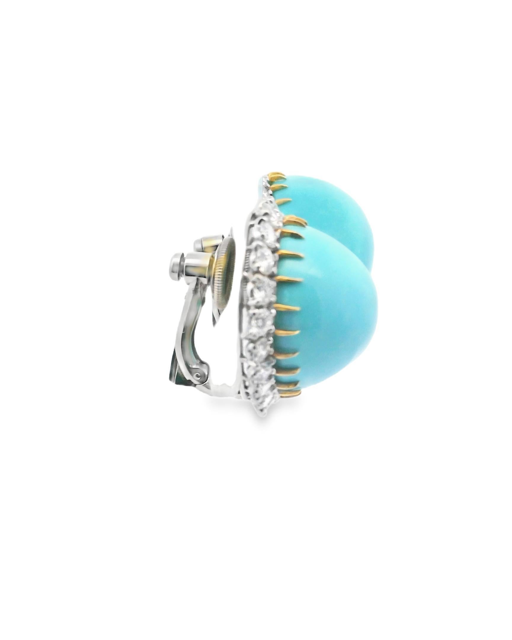 Boucles d'oreilles en turquoise persane, diamants, platine et or 18k de Cartier Paris des années 1950 Excellent état - En vente à New York, NY
