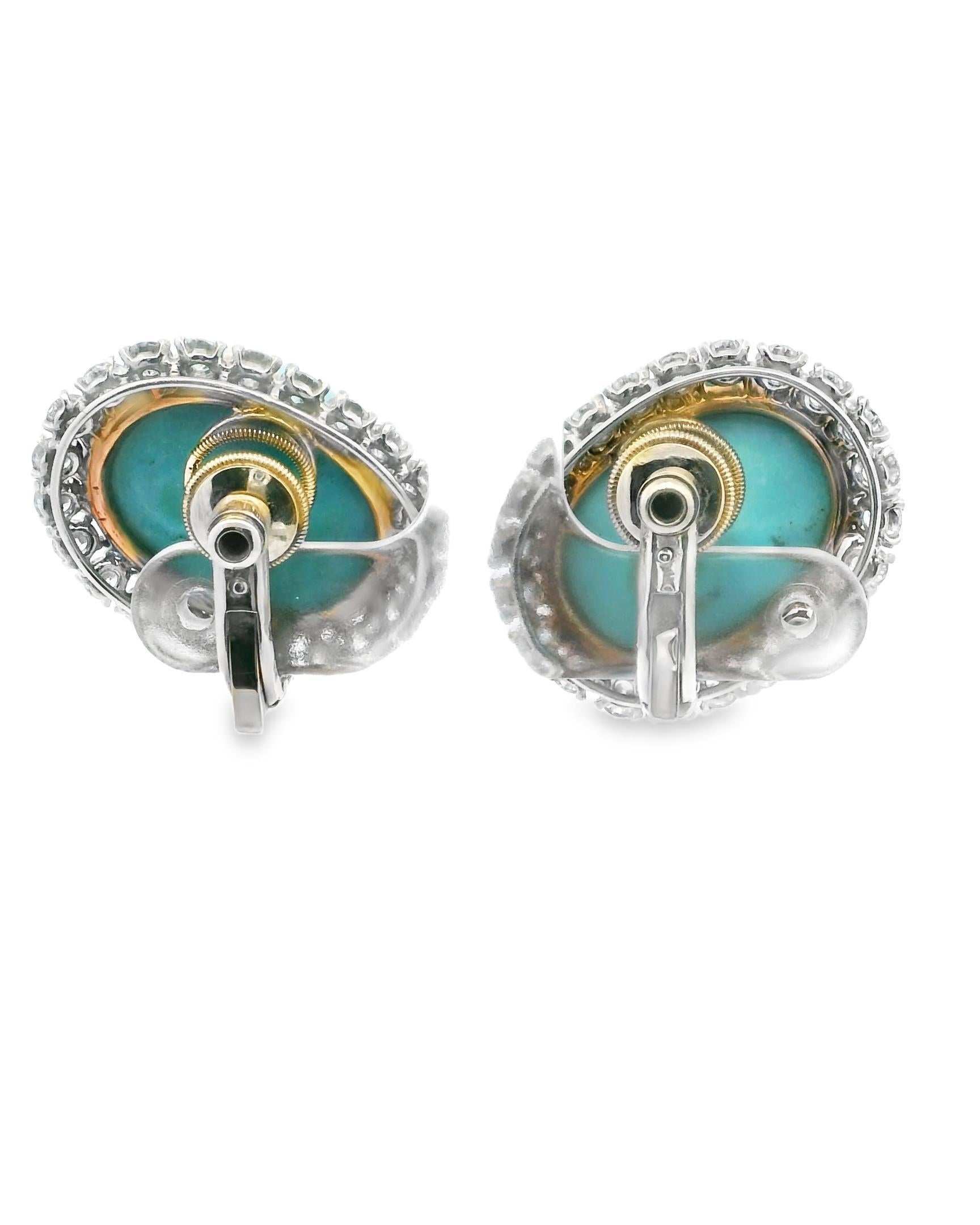 Boucles d'oreilles en turquoise persane, diamants, platine et or 18k de Cartier Paris des années 1950 Pour femmes en vente