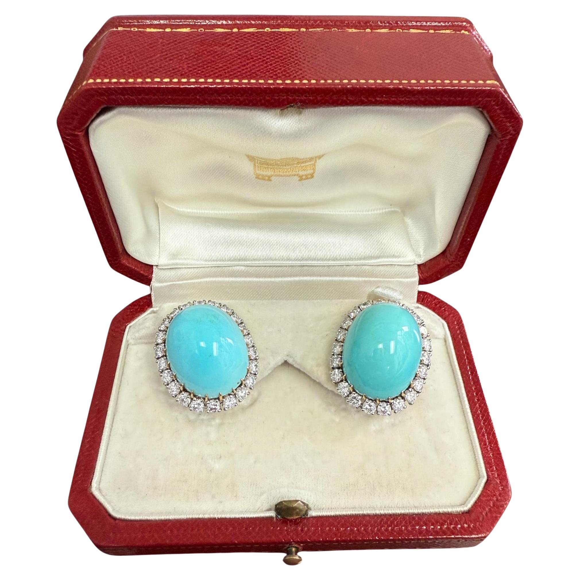 Boucles d'oreilles en turquoise persane, diamants, platine et or 18k de Cartier Paris des années 1950 en vente