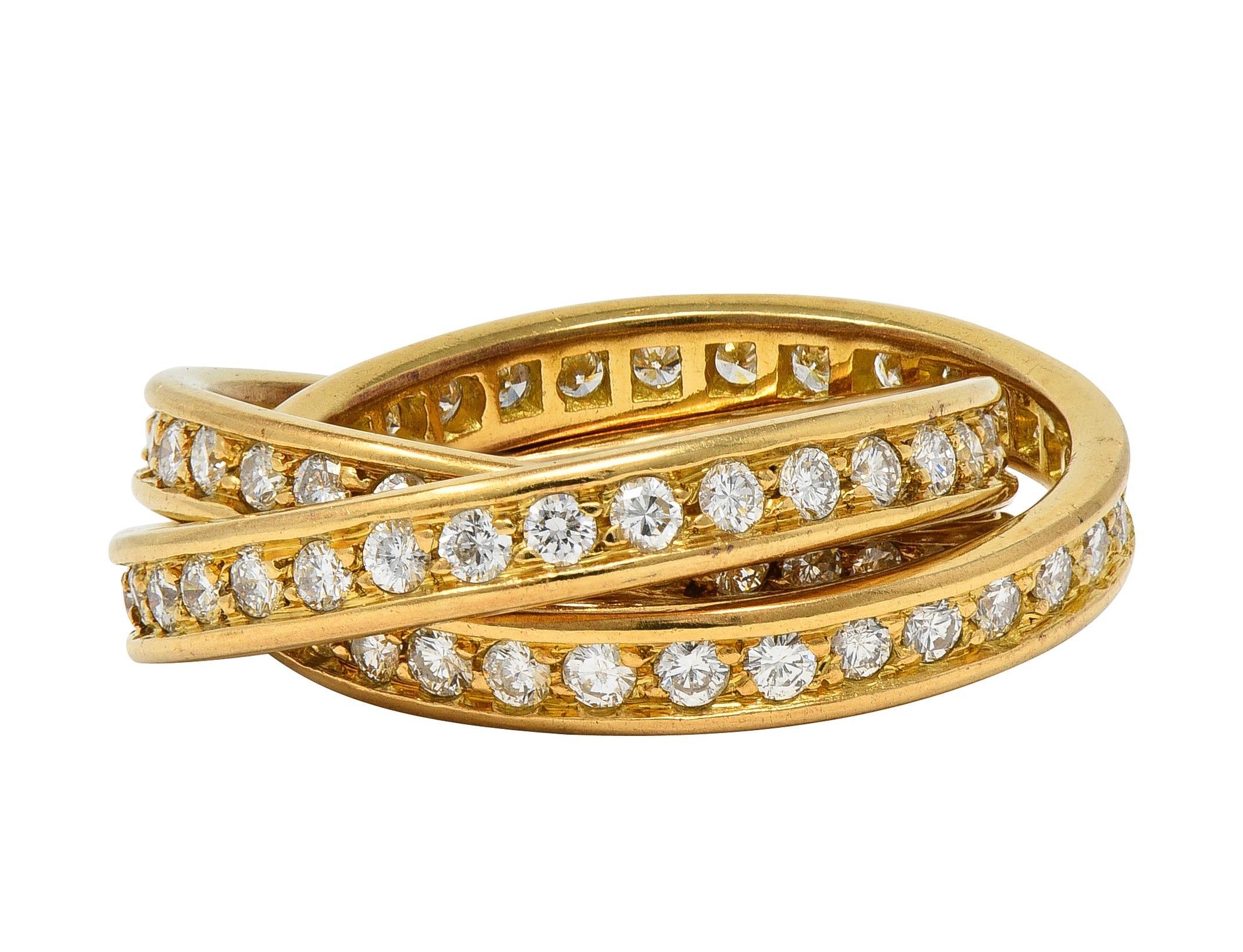 Cartier París 1960's 2.88 CTW Diamante Oro 18K Anillo Trinidad Rodante Vintage Corte redondo en venta