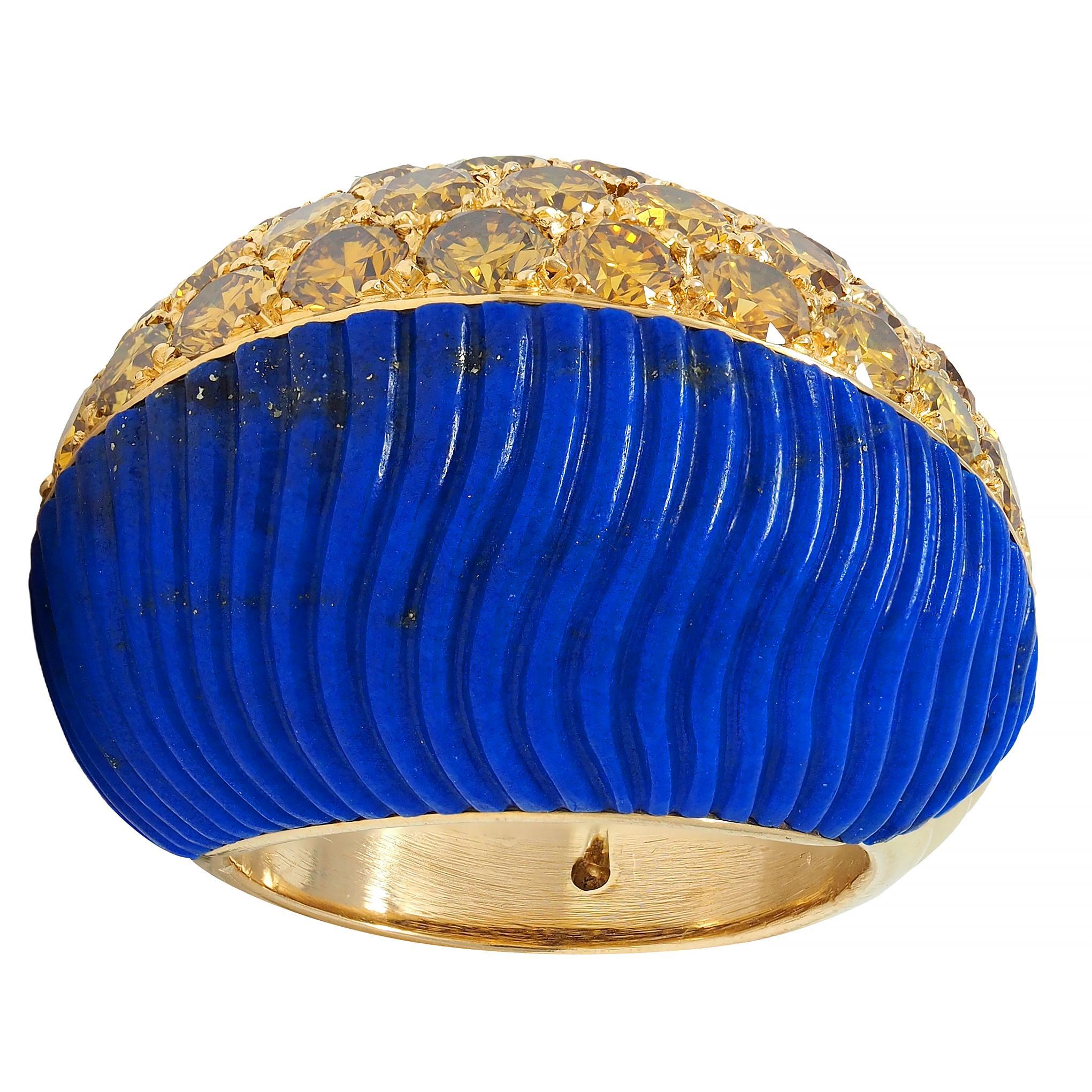 Cartier Paris 1960's 4.62 CTW Yellow Diamond Lapis 18K Gold Vintage Boule Ring 6