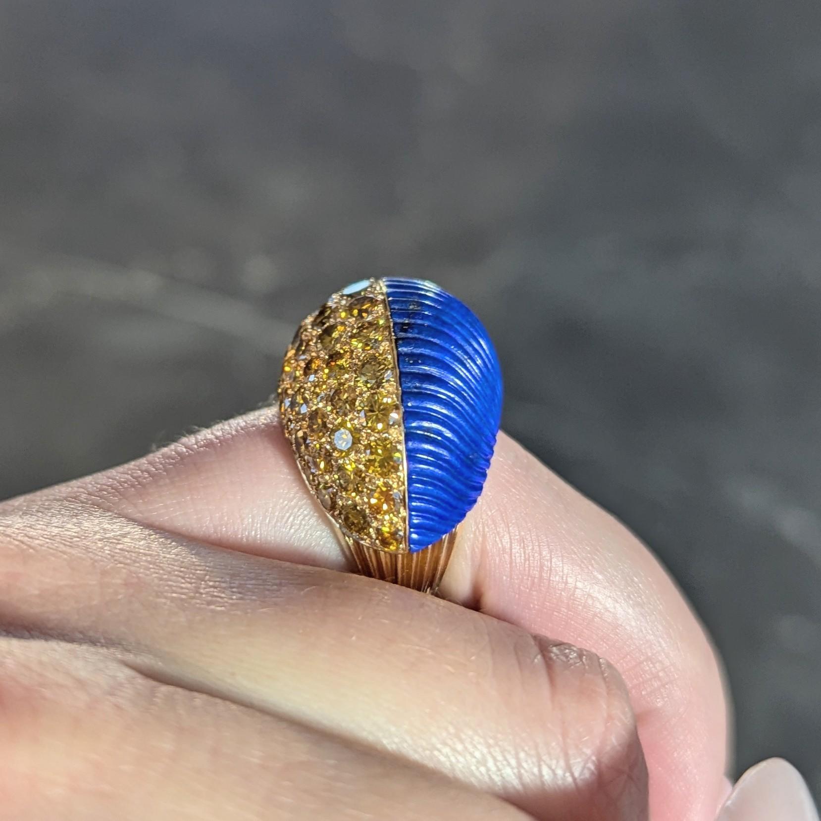 Cartier Paris 1960's 4.62 CTW Yellow Diamond Lapis 18K Gold Vintage Boule Ring 12