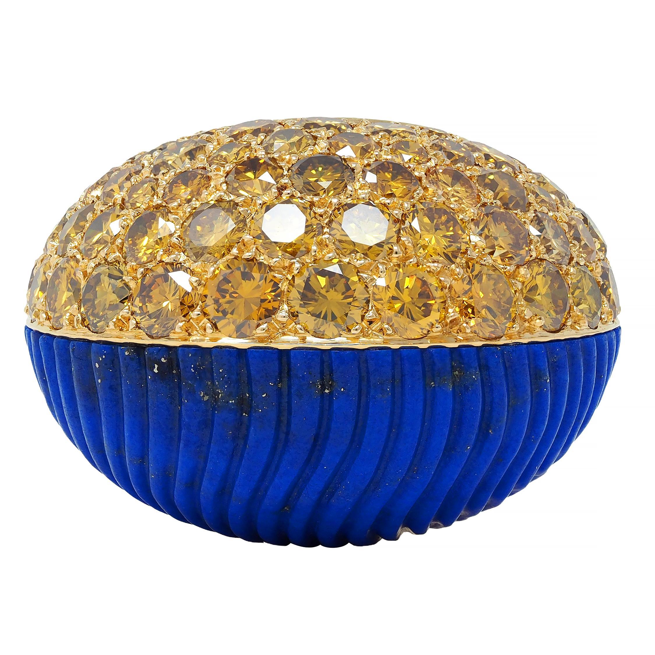 Round Cut Cartier Paris 1960's 4.62 CTW Yellow Diamond Lapis 18K Gold Vintage Boule Ring